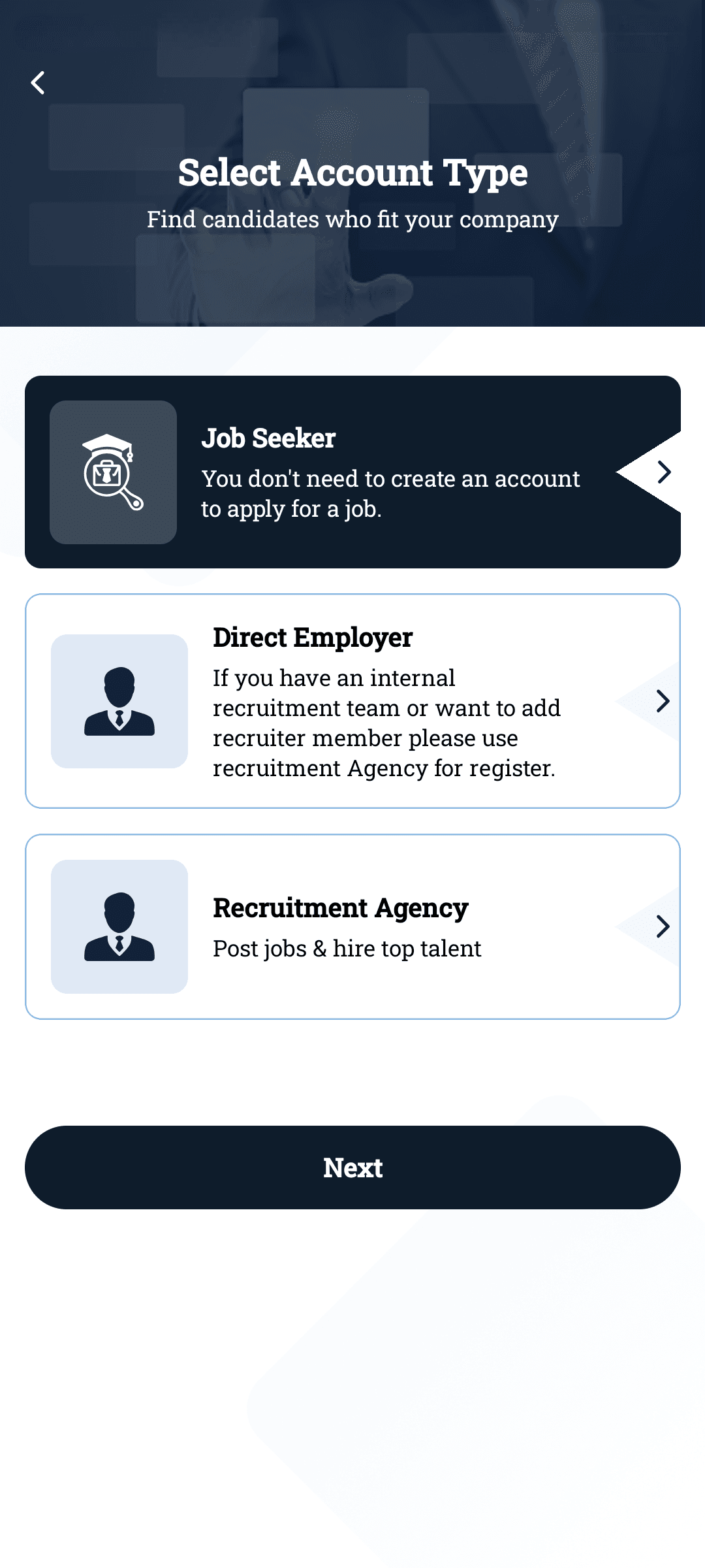 Select account type screen