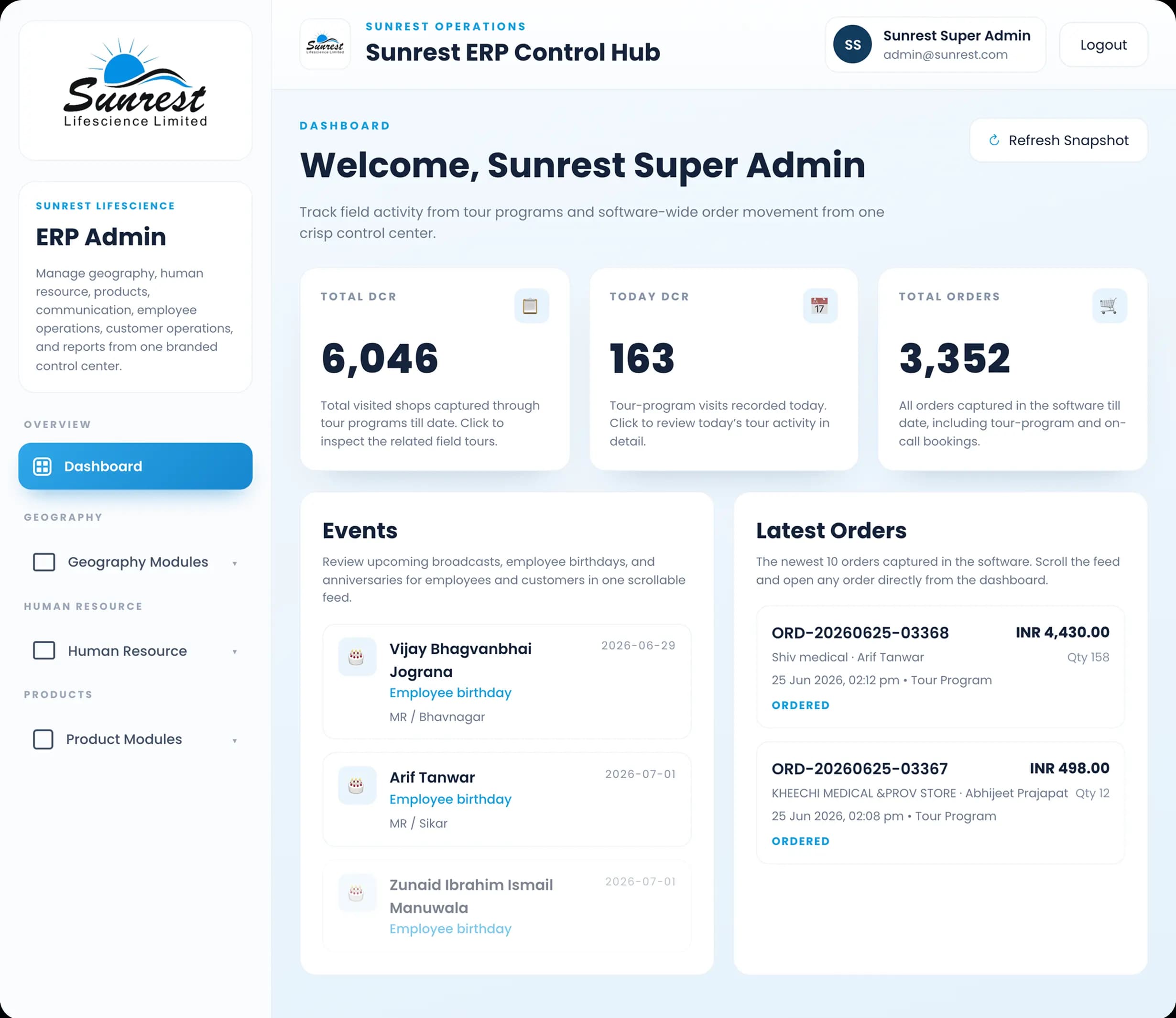 Sunrest ERP Control Hub Dashboard