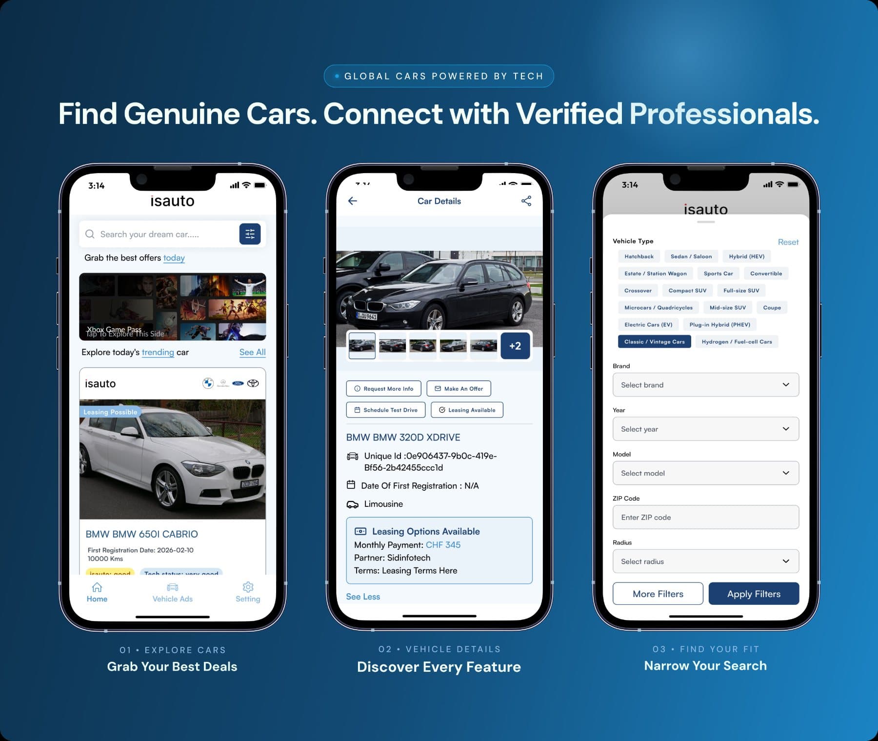 isauto app screens: explore, details, filter