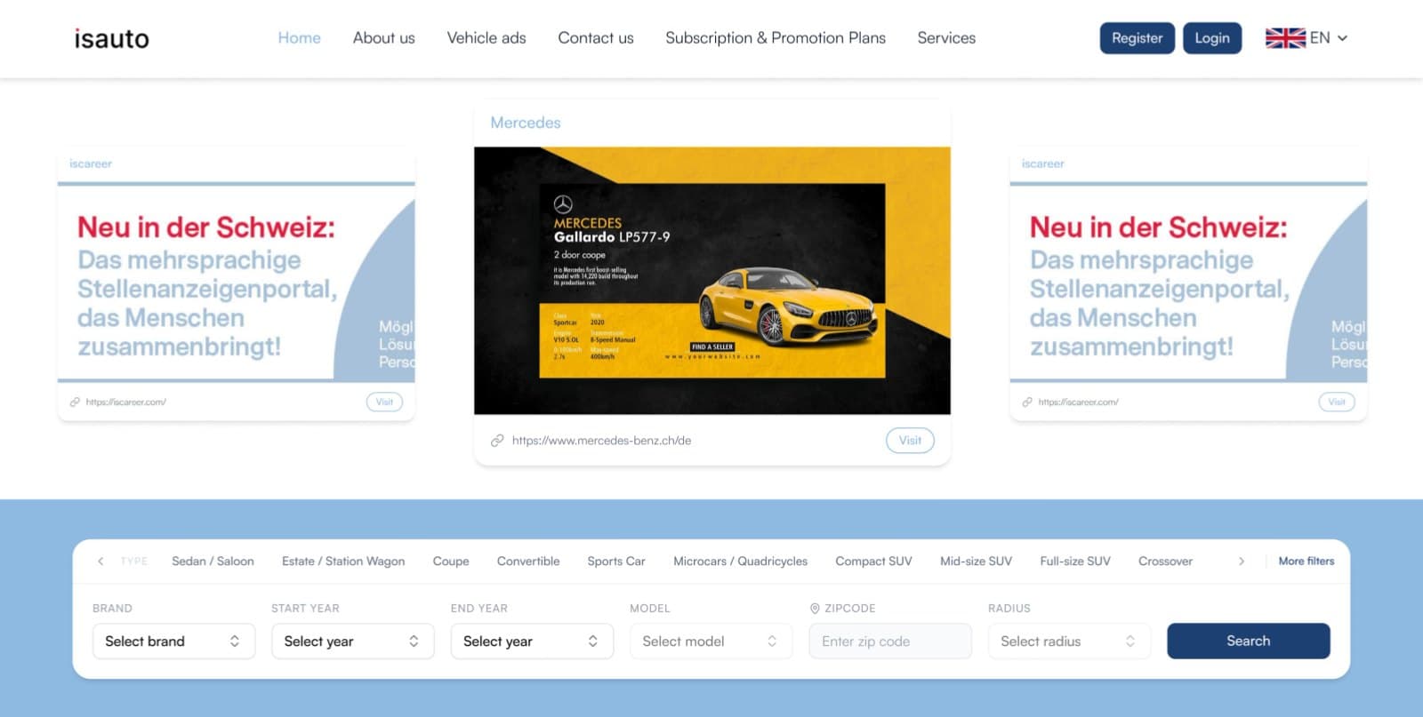 isauto website home with ad carousel and search