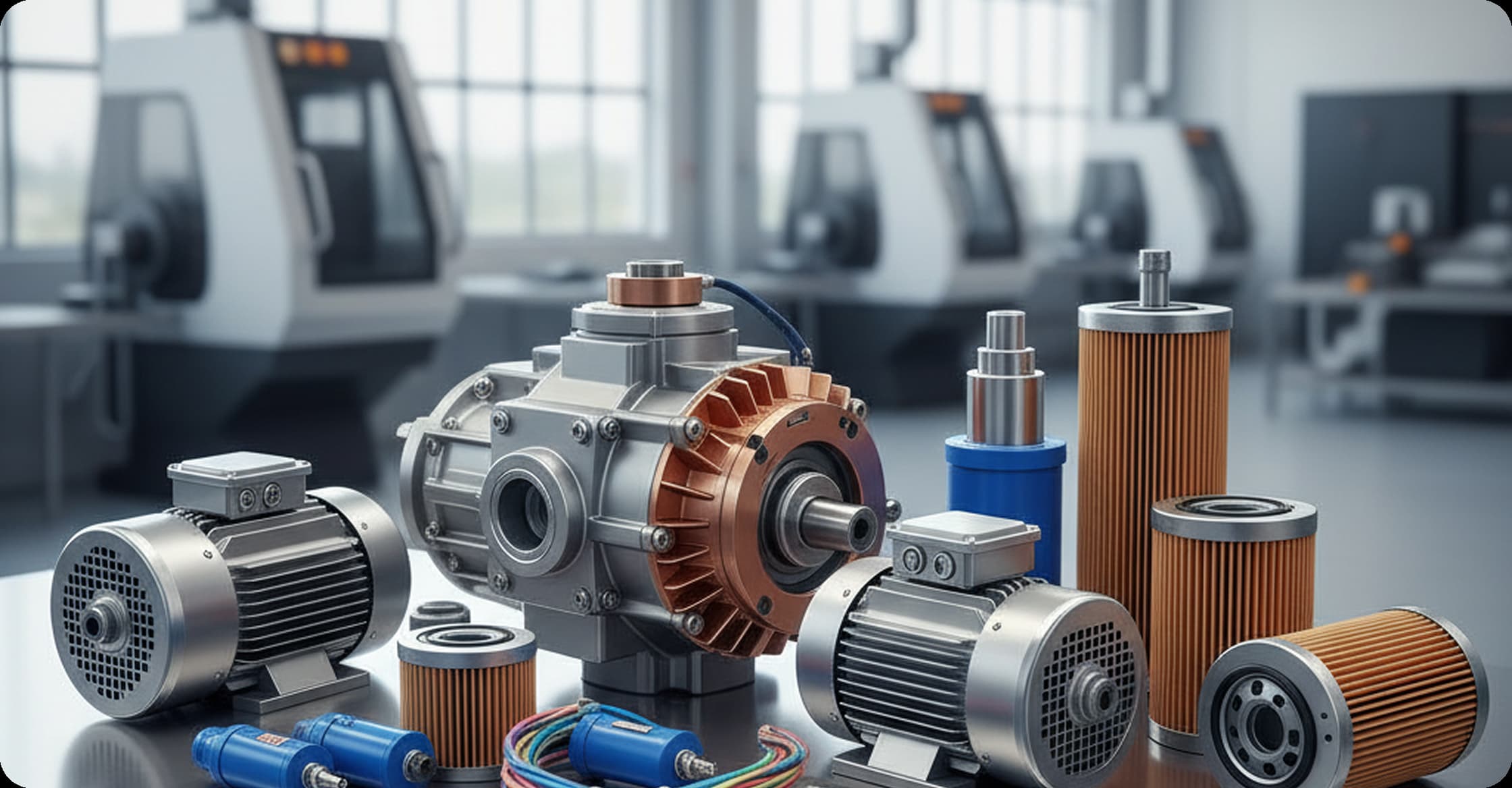 Industrial motors, filters, and automation components