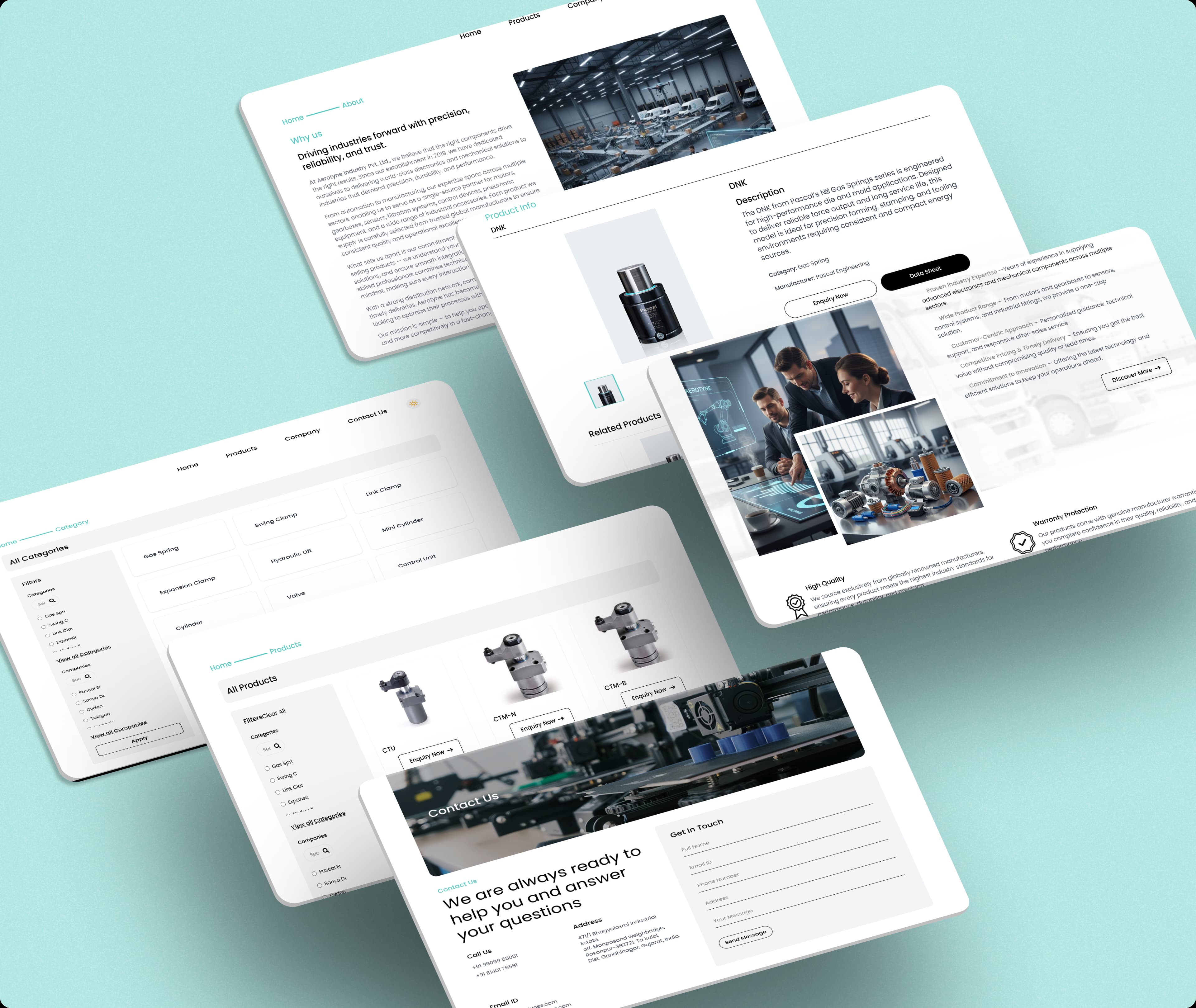 Aerotynes industrial website interfaces displayed as isometric screens