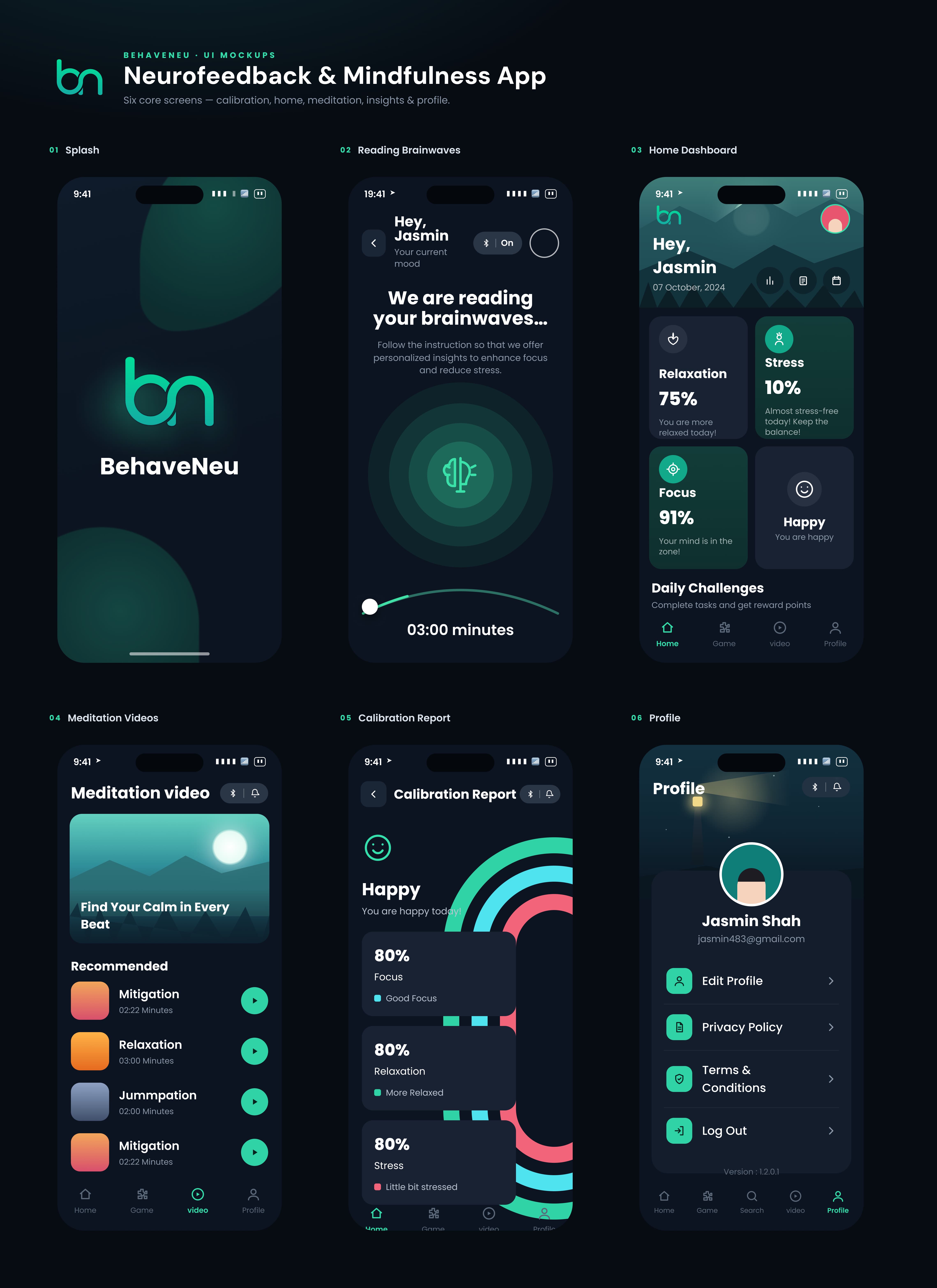 Behaveneu profile, calibration, and device connection screens