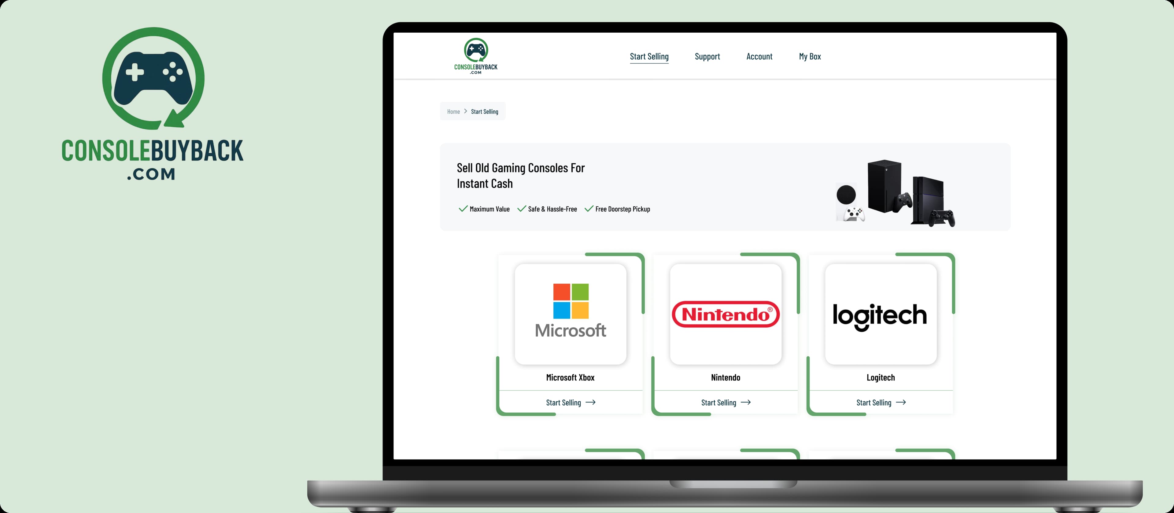 ConsoleBuyback website homepage with gaming console hero and brand options
