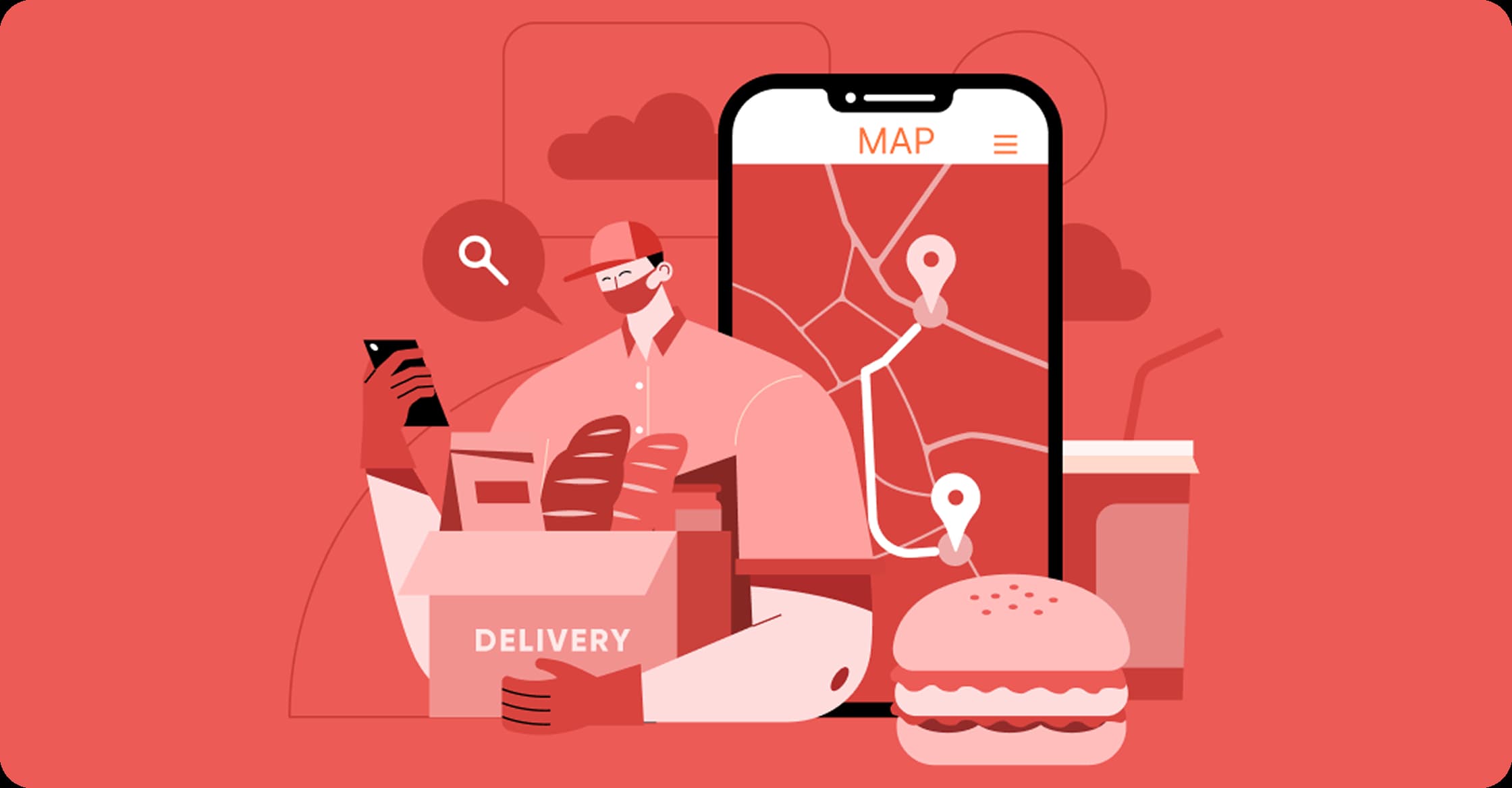Food delivery map and courier illustration