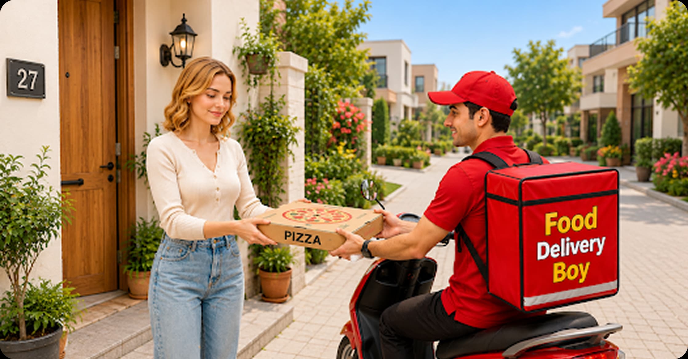 Food delivery courier handing pizza to a customer