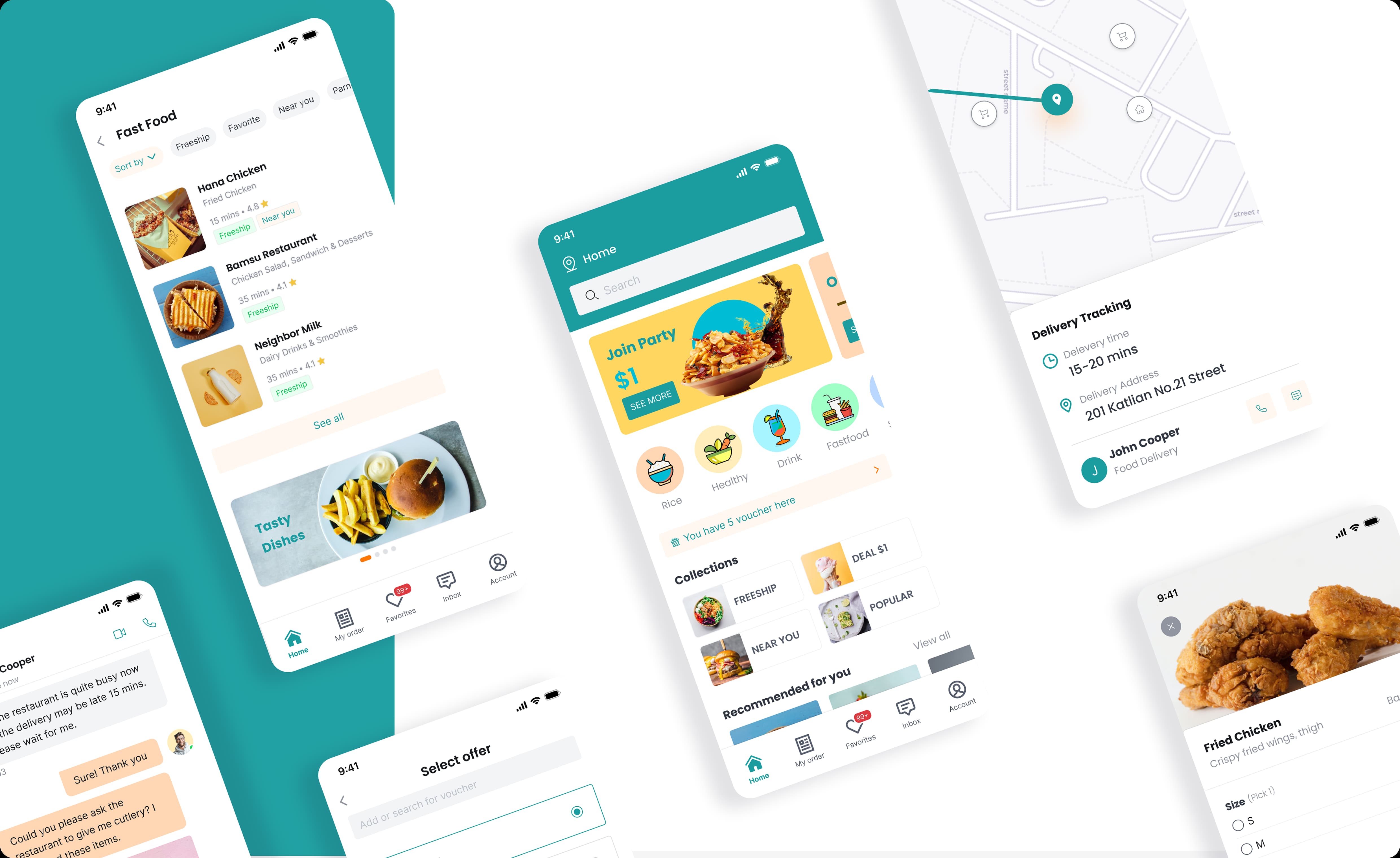FoodX order review, restaurant search, and driver assignment screens