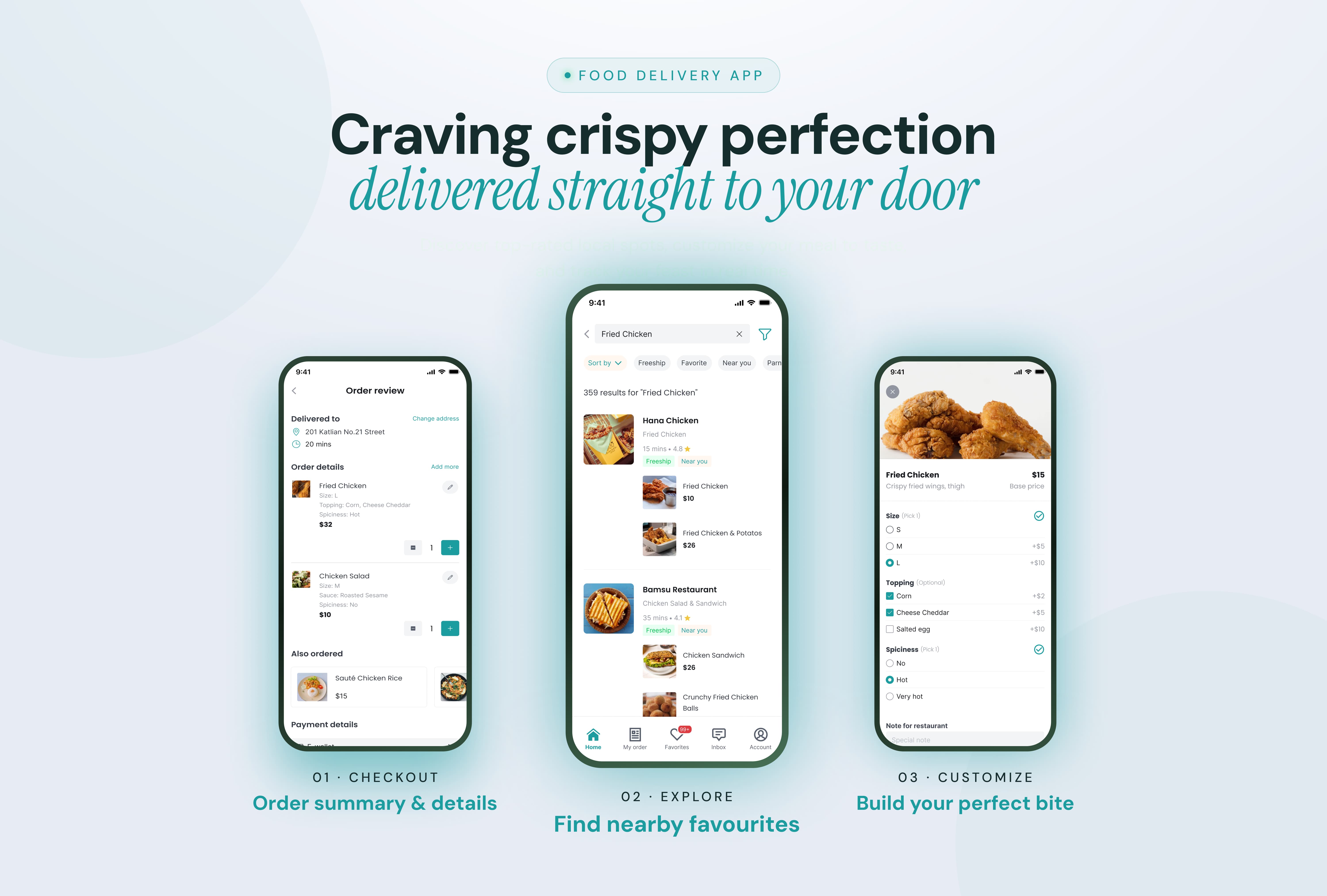 FoodX mobile app screens for fast food search, home discovery, and delivery tracking