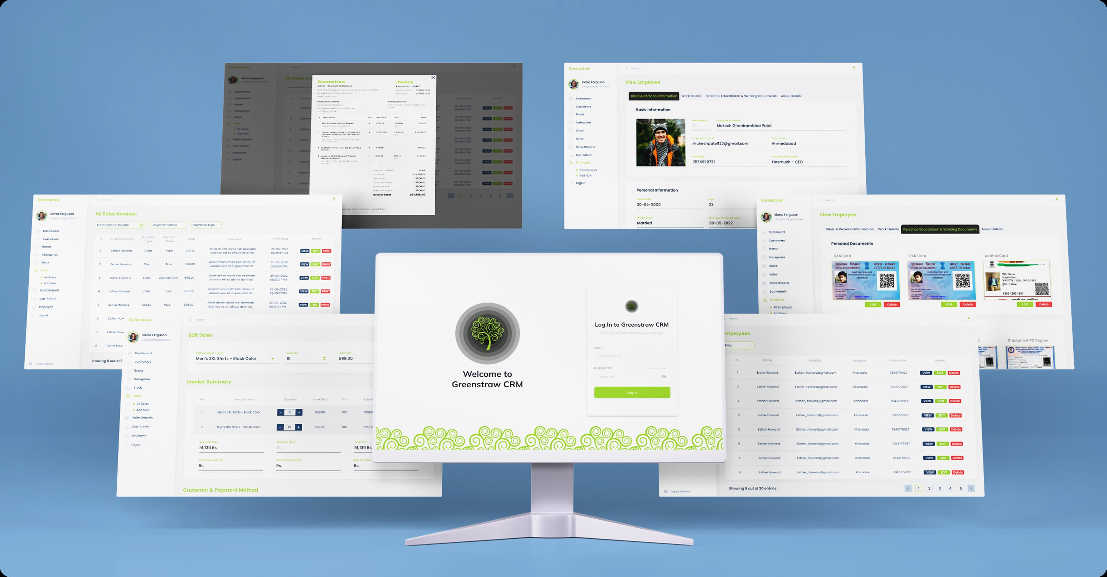 Greenstraw CRM shown across monitor and floating admin screens