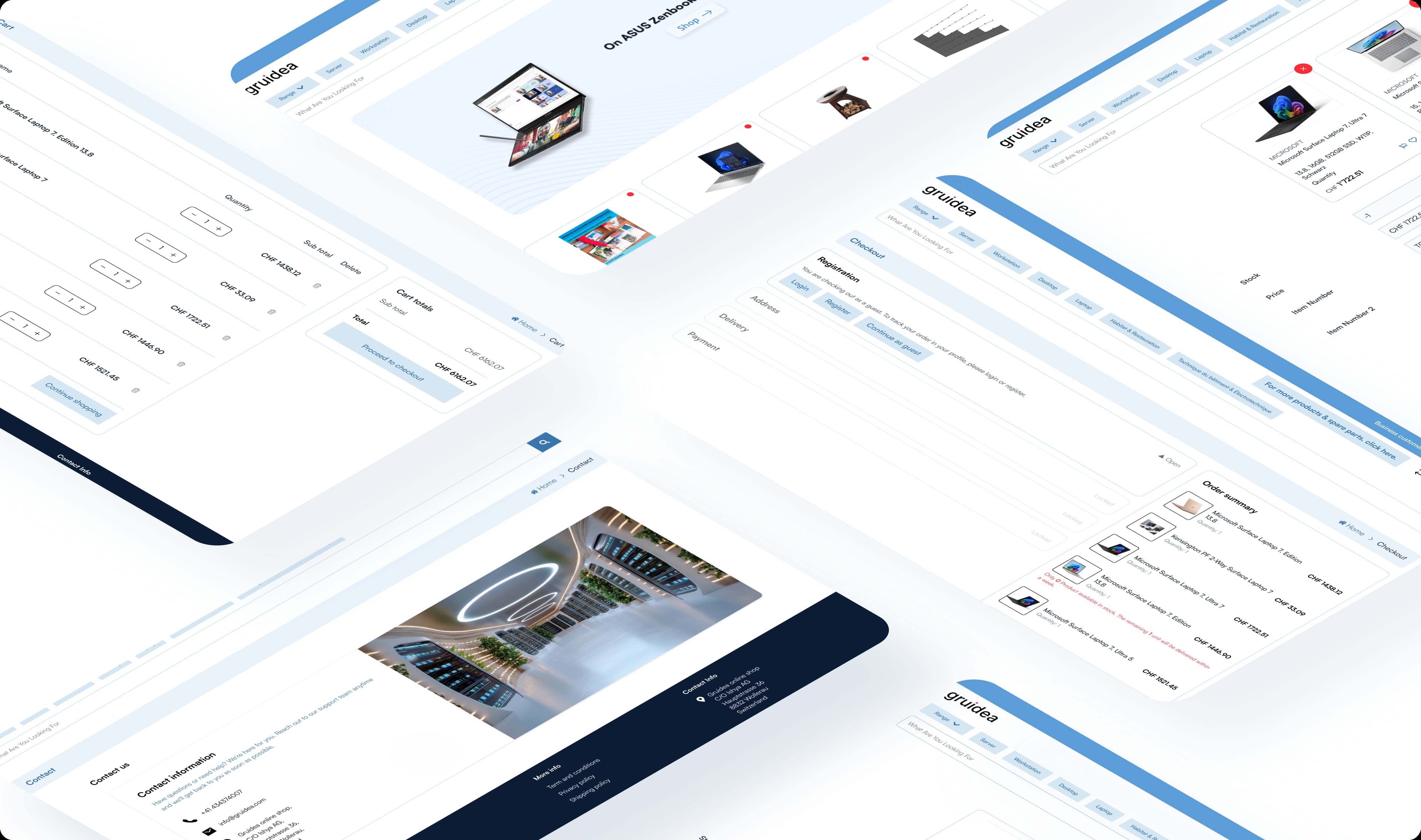 Gruidea ecommerce interfaces displayed as isometric screens