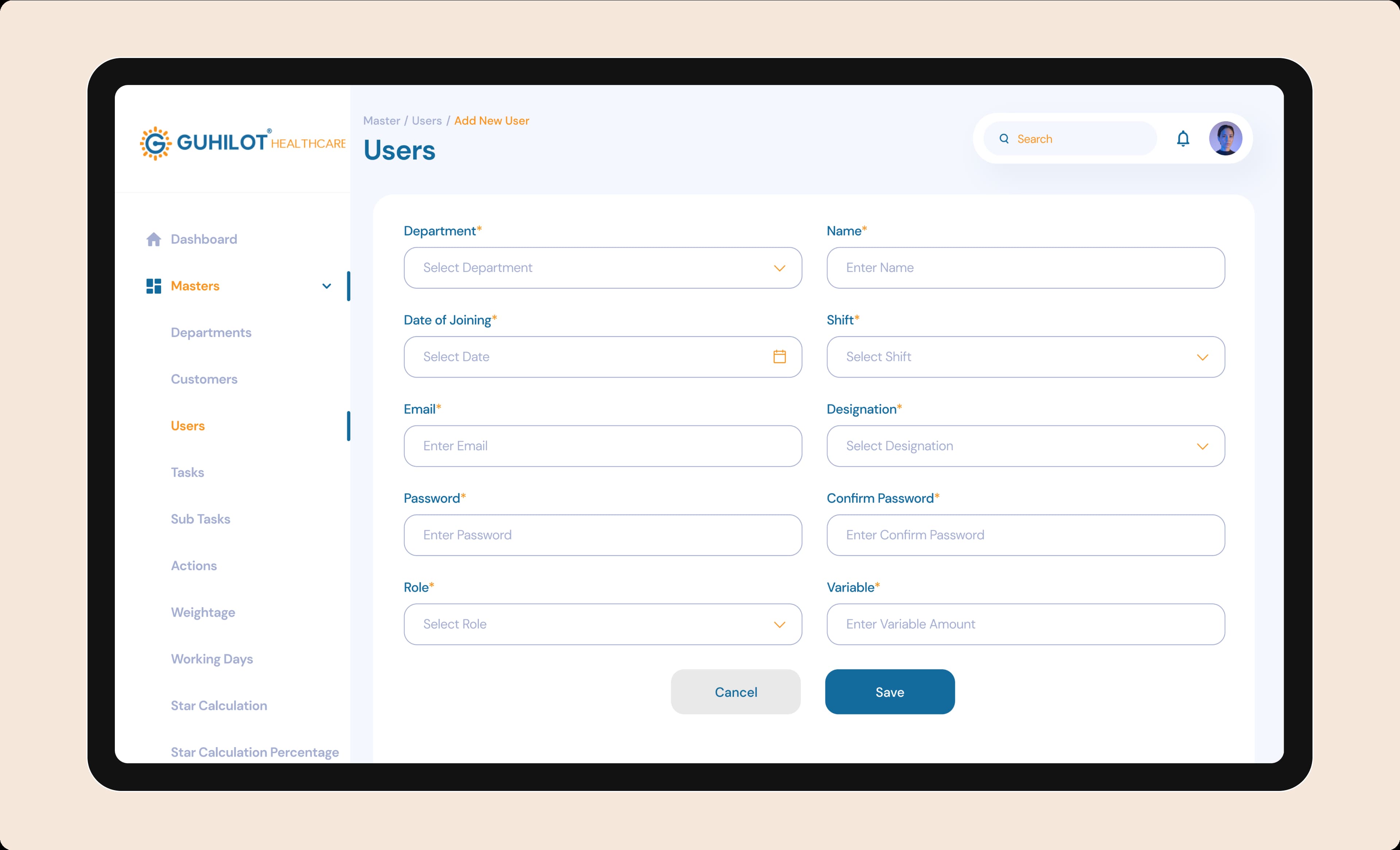 Guhilot Healthcare add-user interface displayed inside a laptop