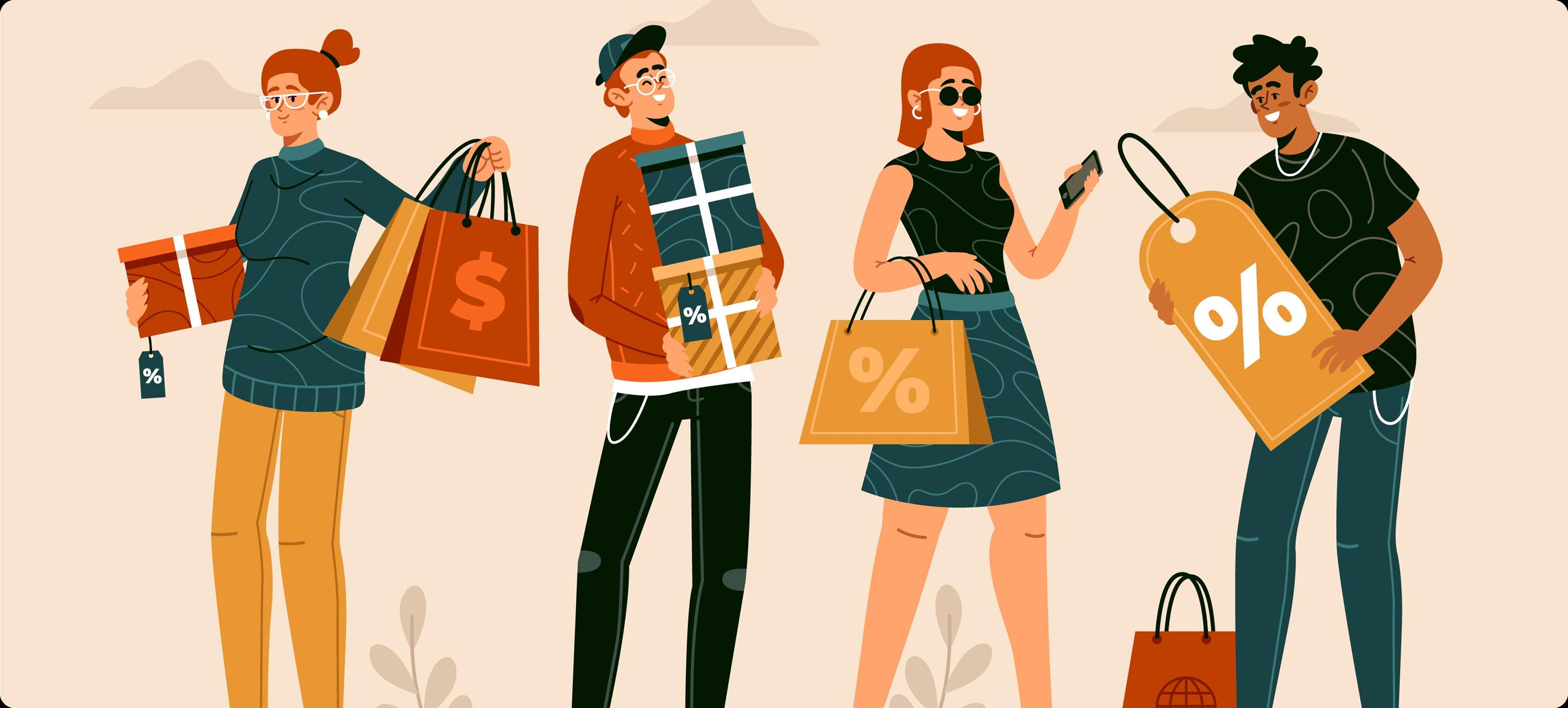 Hexfashion shoppers holding bags and discount tags