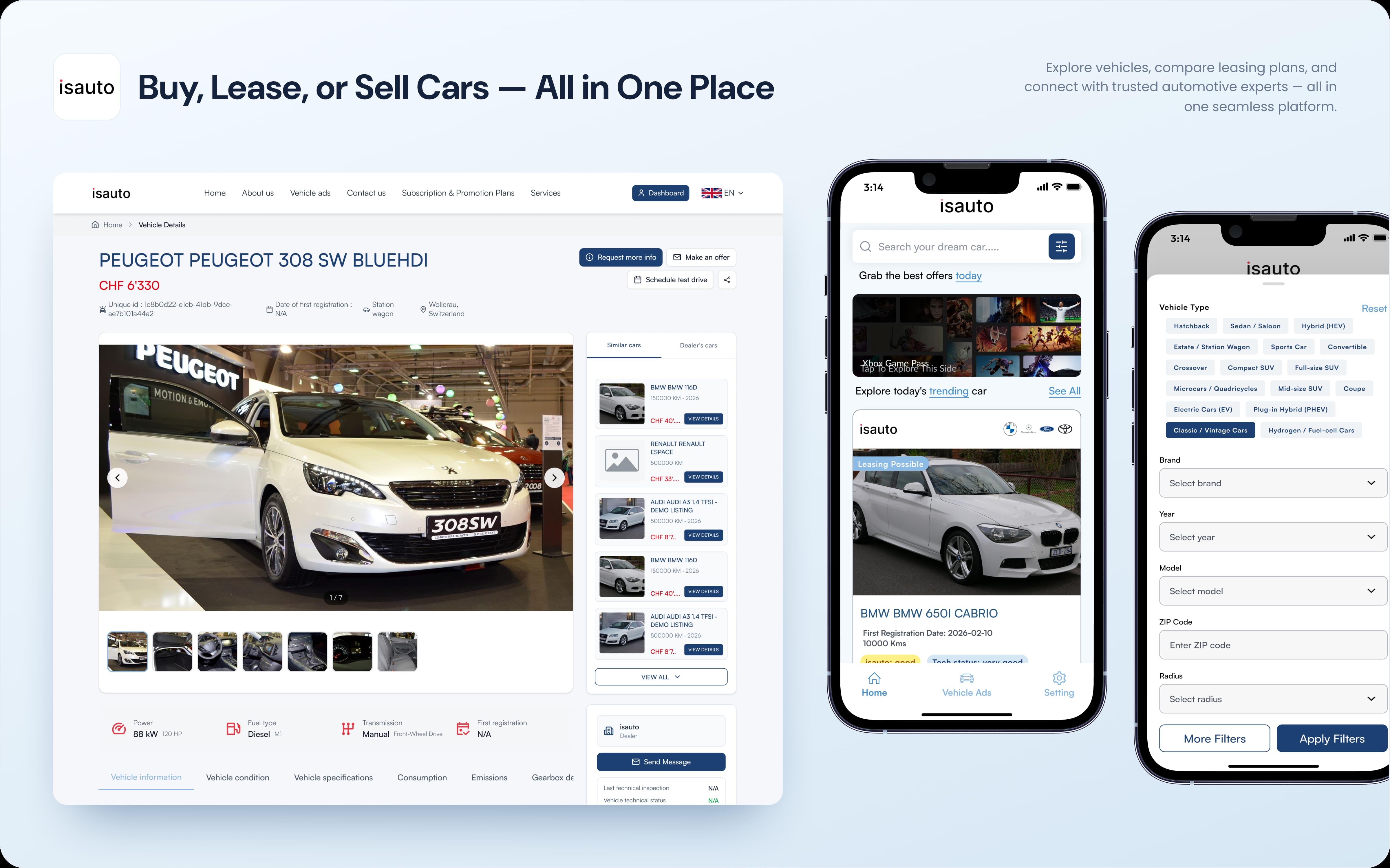 Isauto mobile and web marketplace experience