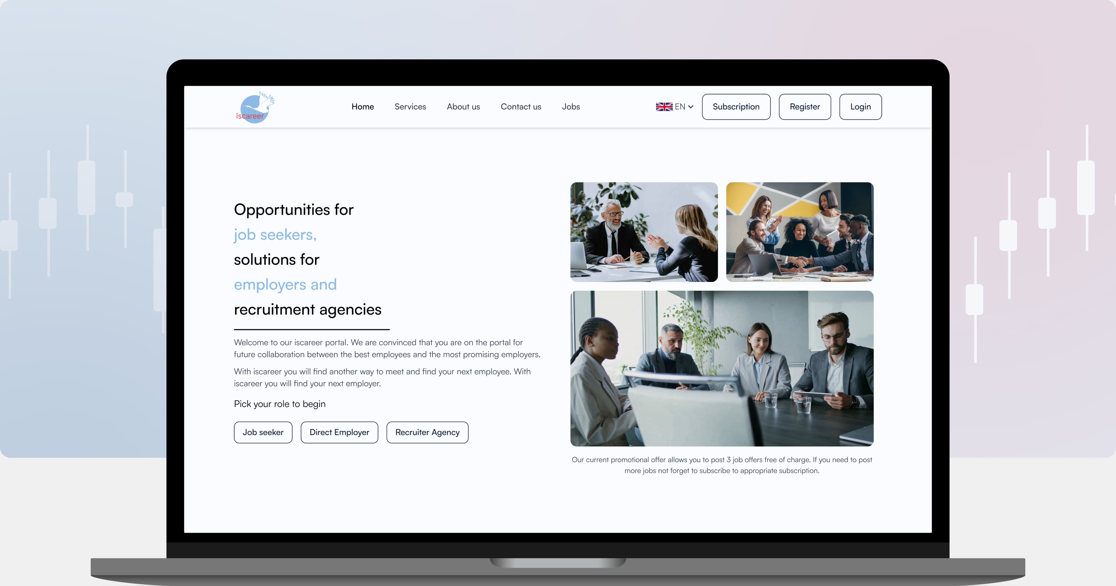 Iscareer mobile onboarding, account selection, and job listing screens