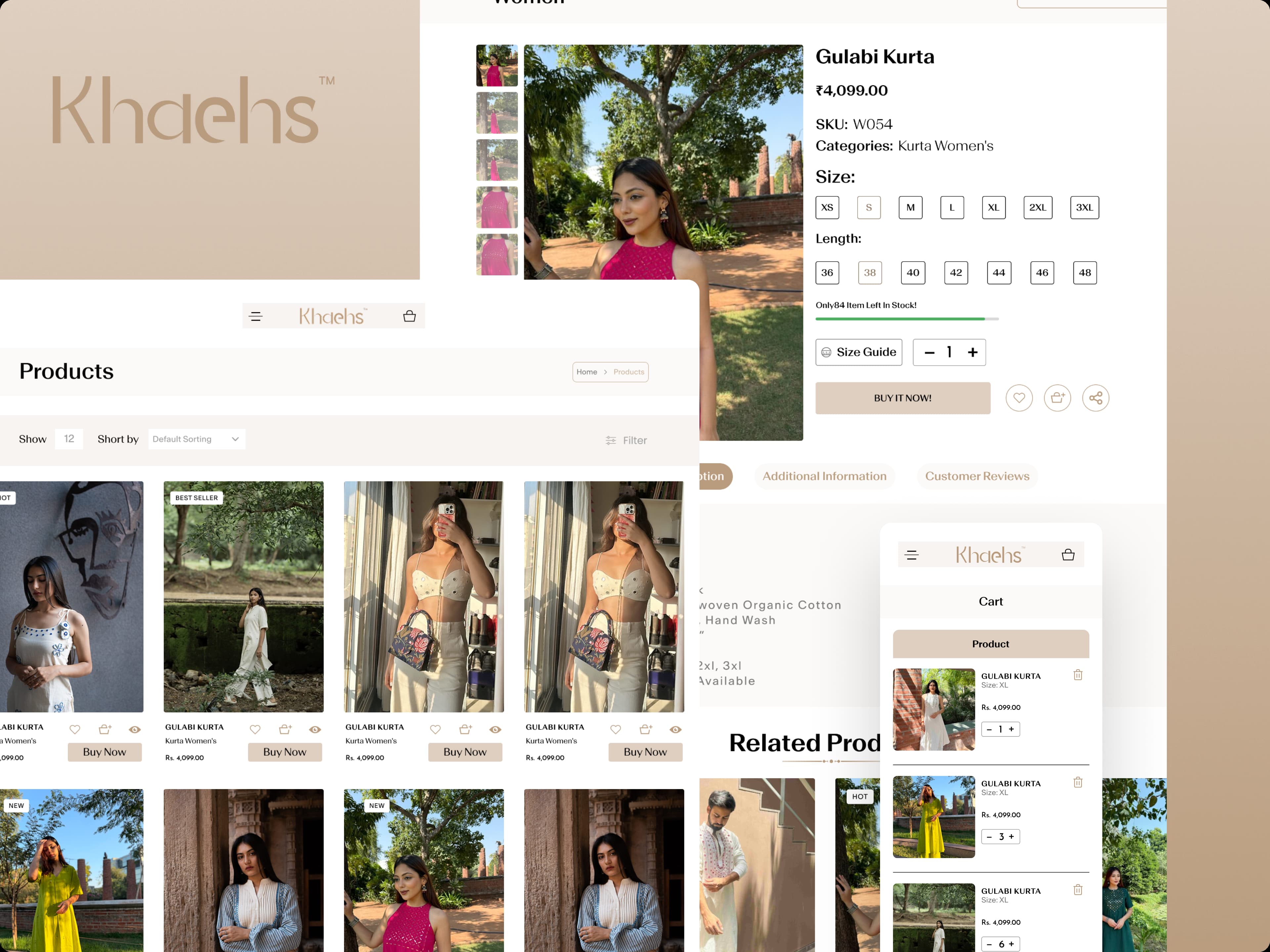 Khaehs product listing, product detail, and cart interfaces