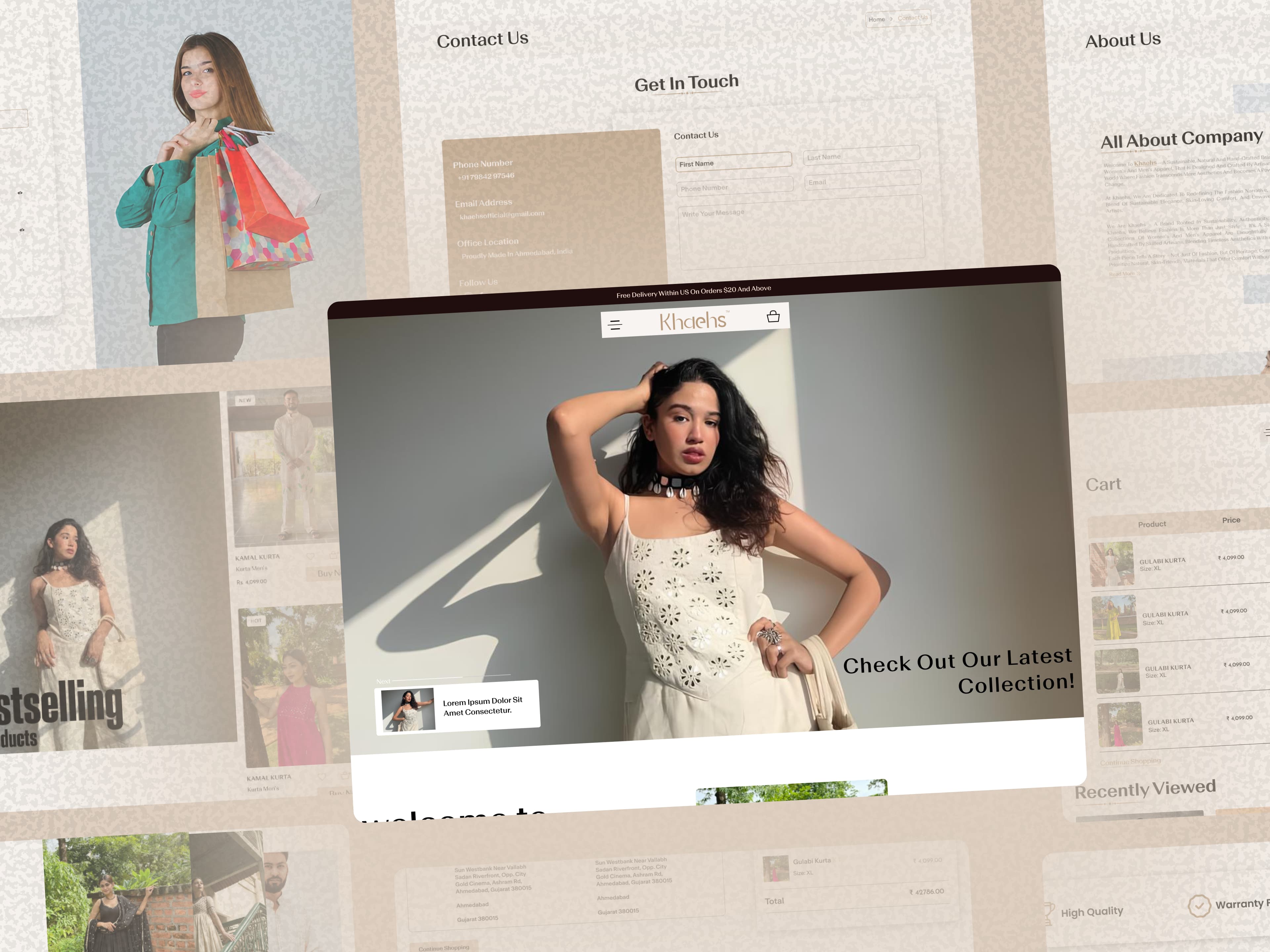 Khaehs fashion storefront, contact, about, cart, and collection screens