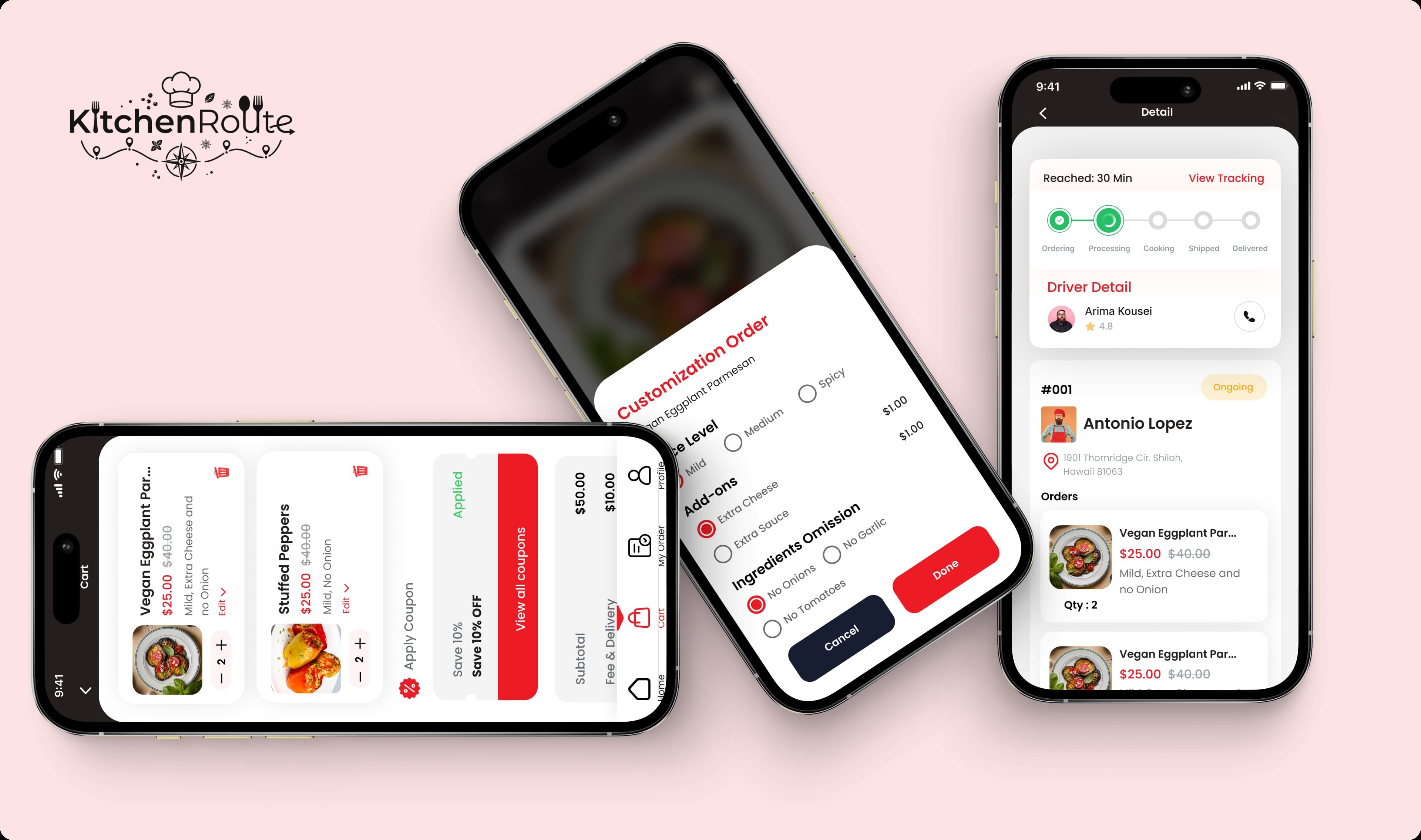 Kitchen Route cart, customization, and order tracking mobile screens