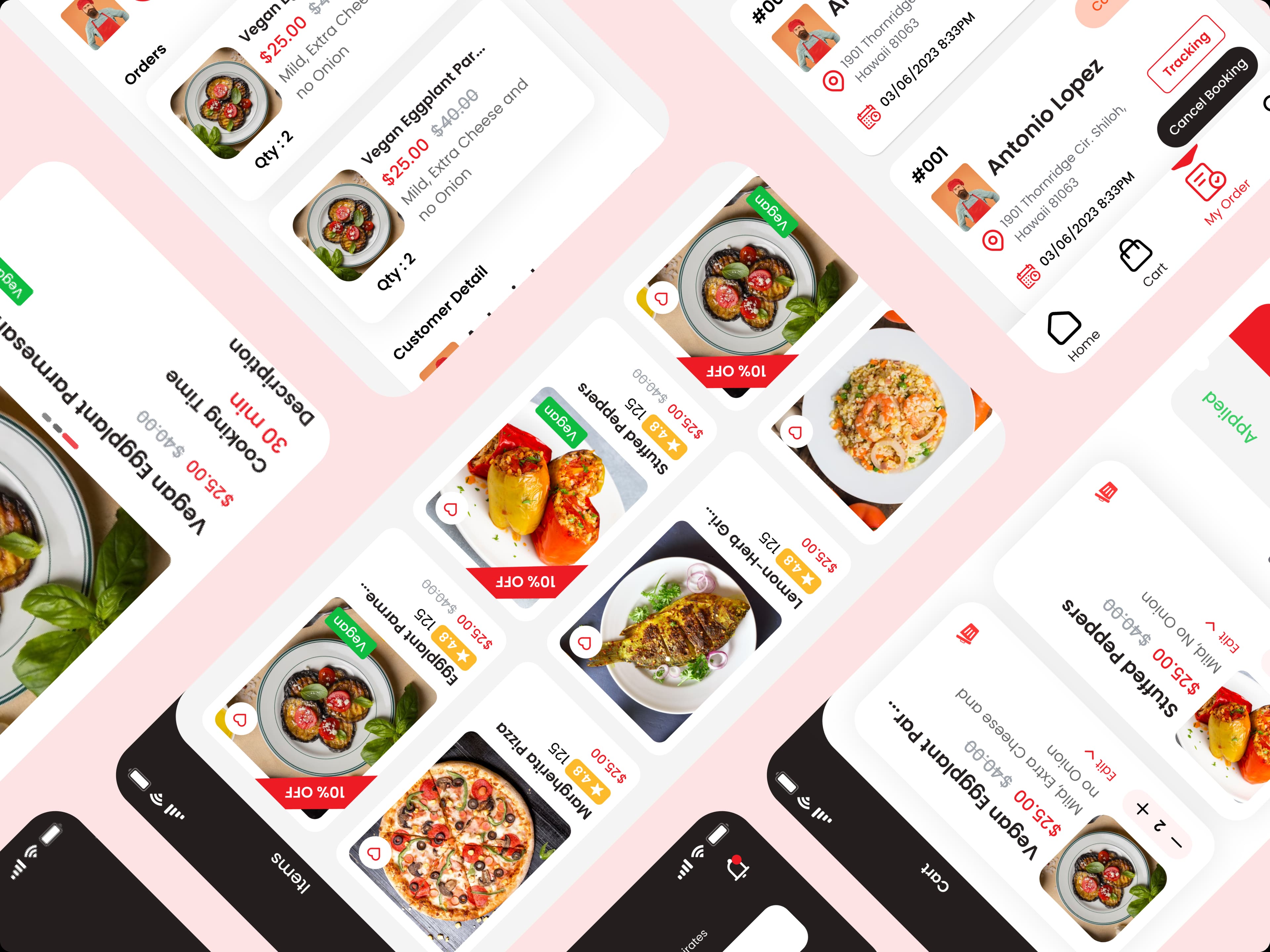 Kitchen Route mobile app food cards, order screens, and cart interface collage