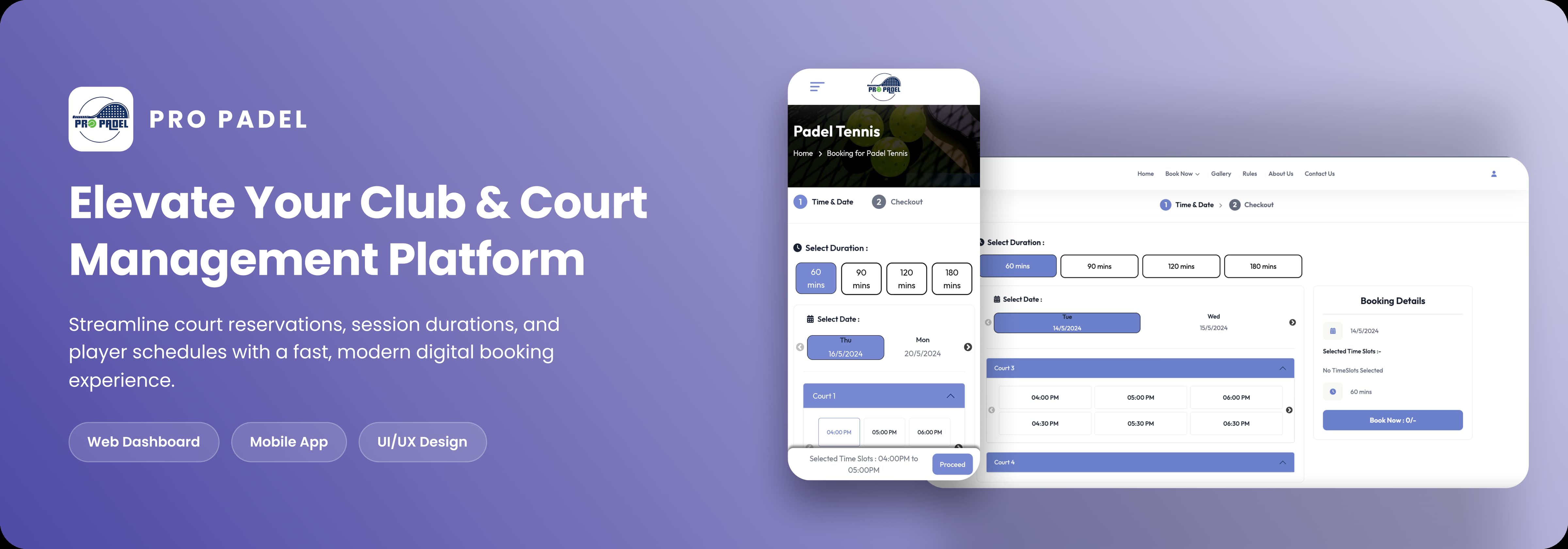Pro Padel mobile court-booking experience