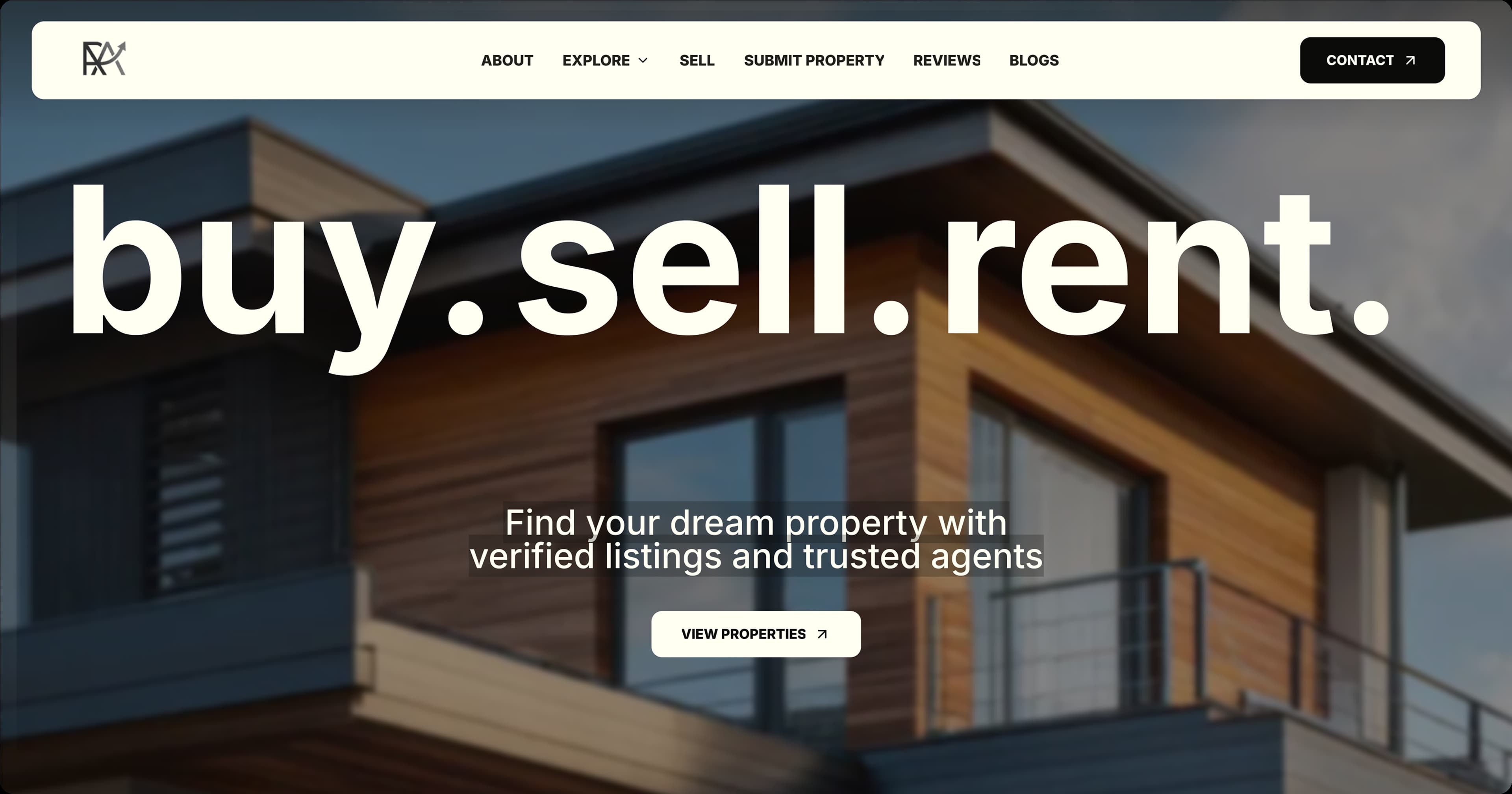 Realarc real estate web portal hero with buy, sell, and rent messaging