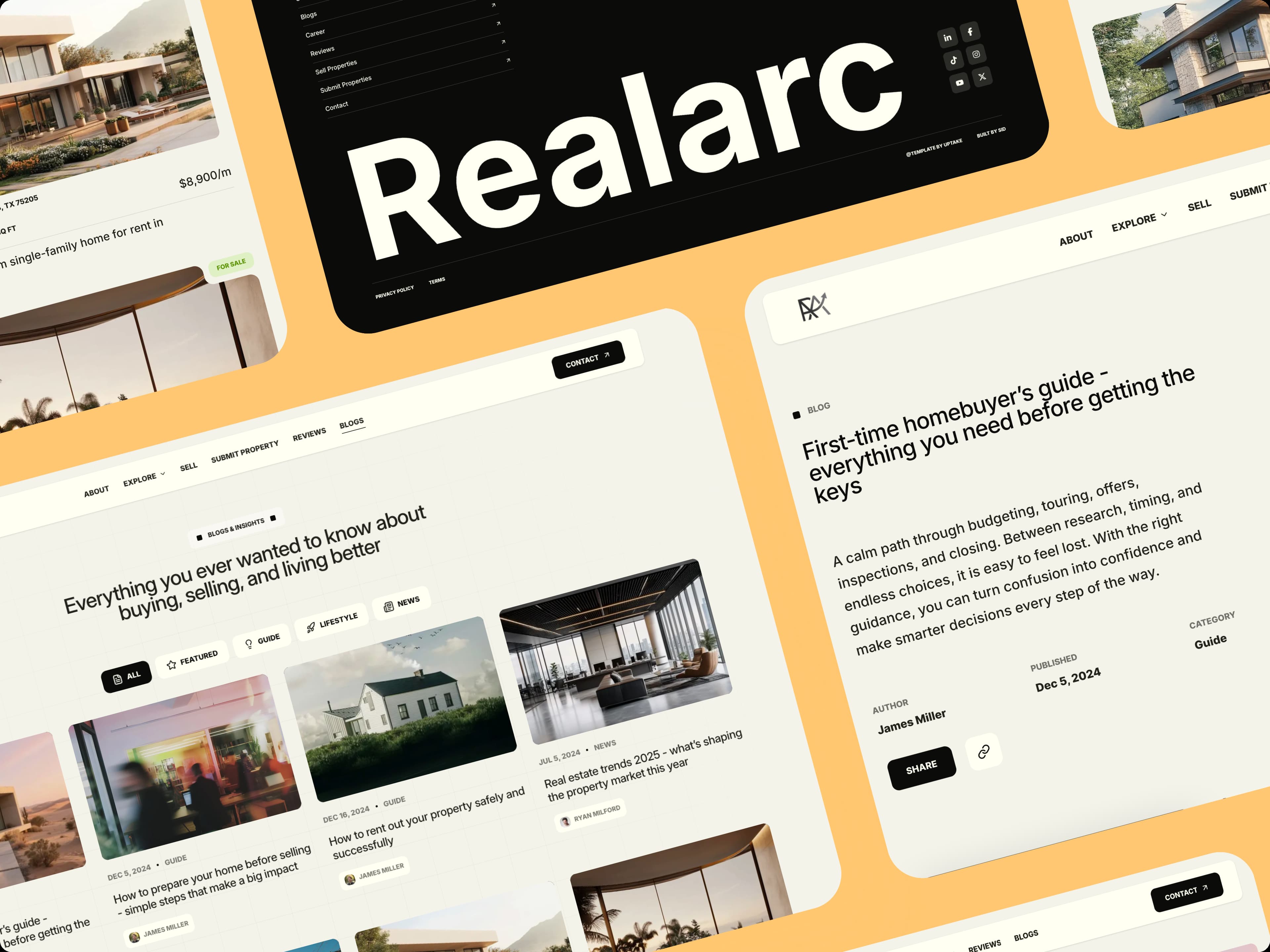 Realarc website screens showing listings, blog, and brand sections