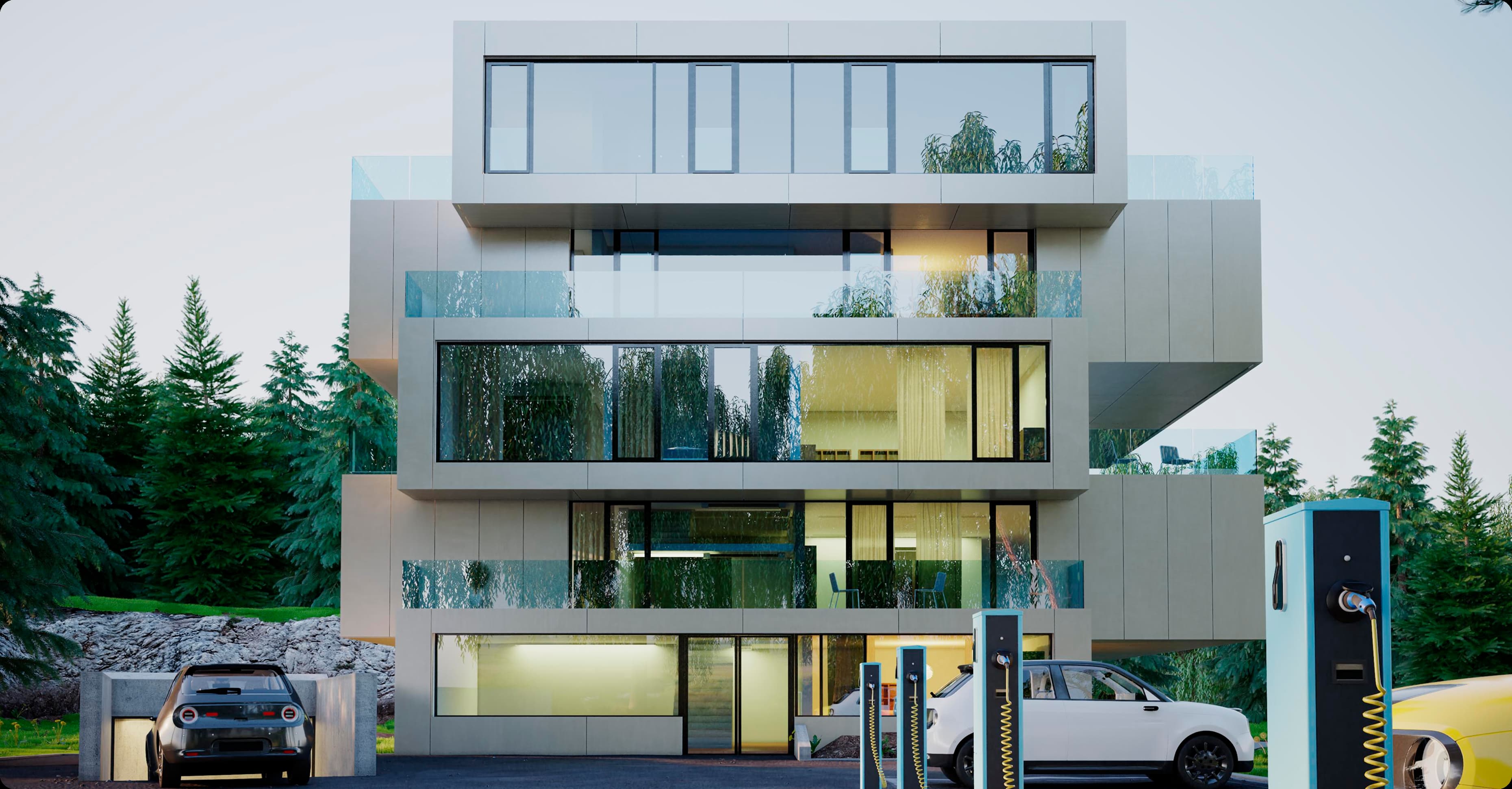 Modern RealVista apartment building with electric vehicle charging