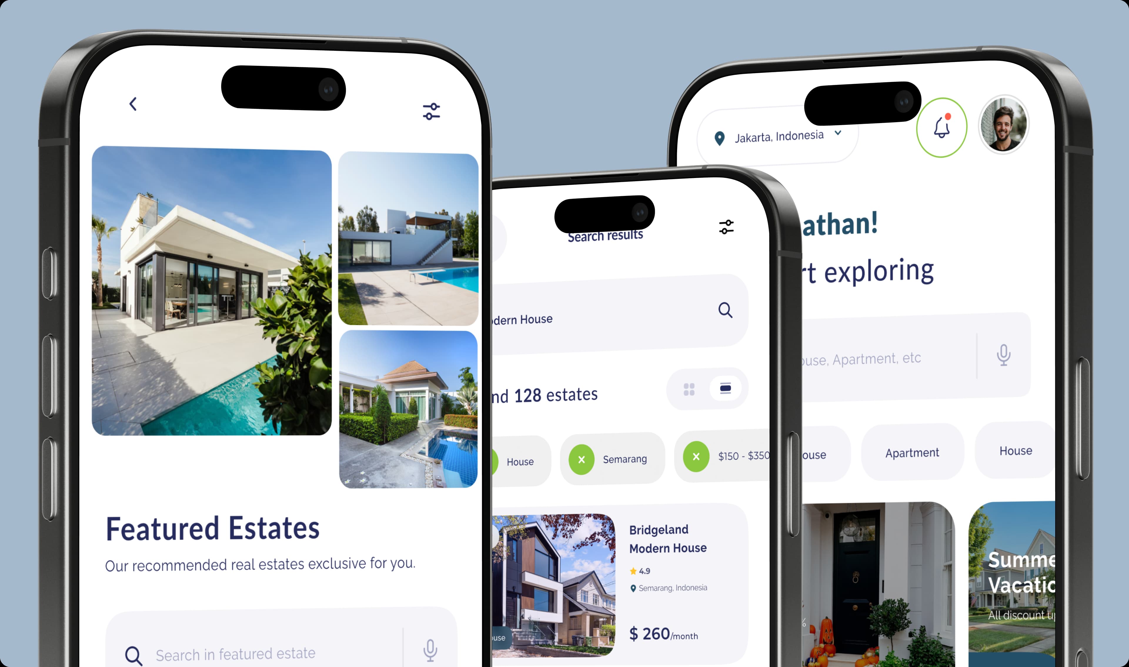 RisePoint Realty mobile app featured estates and property search screens