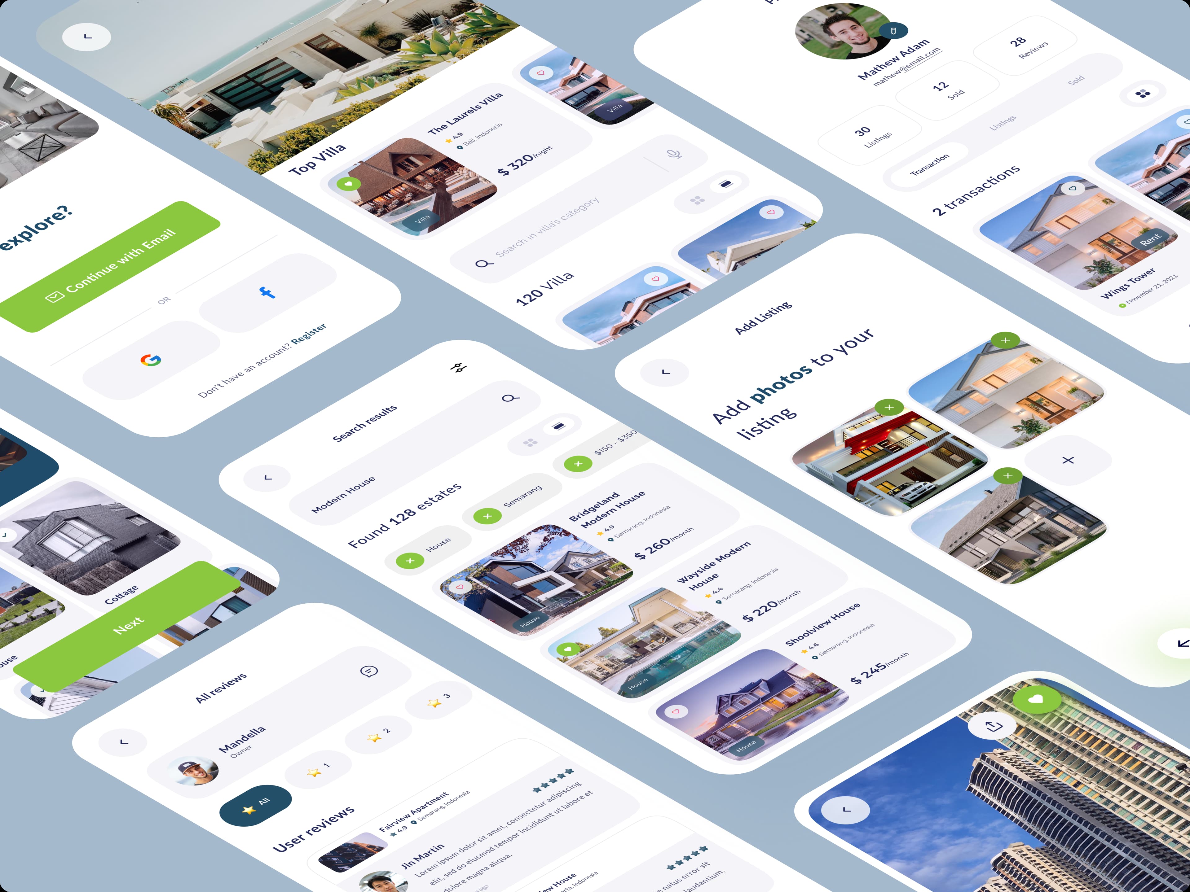 RisePoint Realty mobile app screens showing listings, search, reviews, and transactions