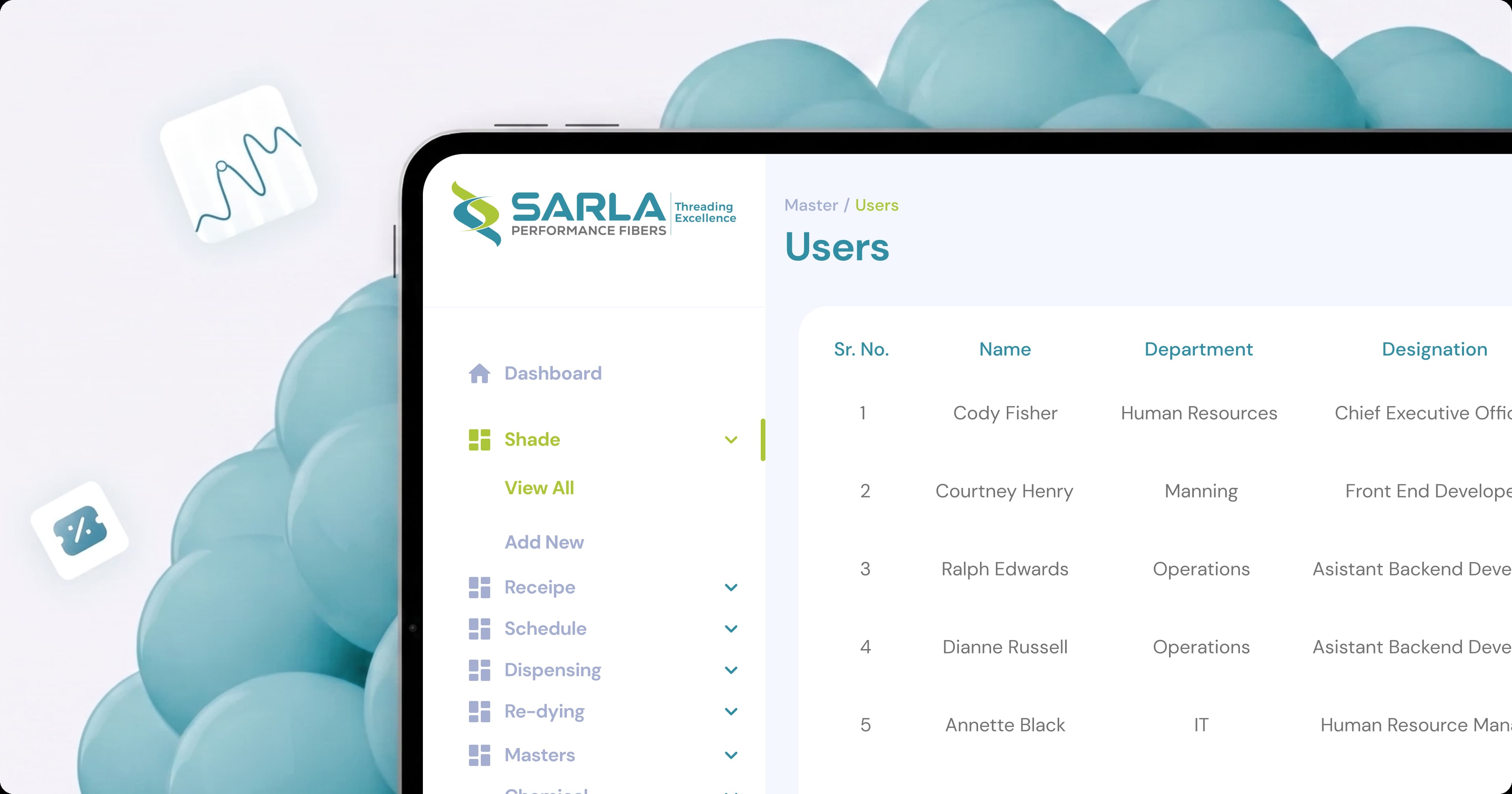 Sarla textile ERP user management dashboard