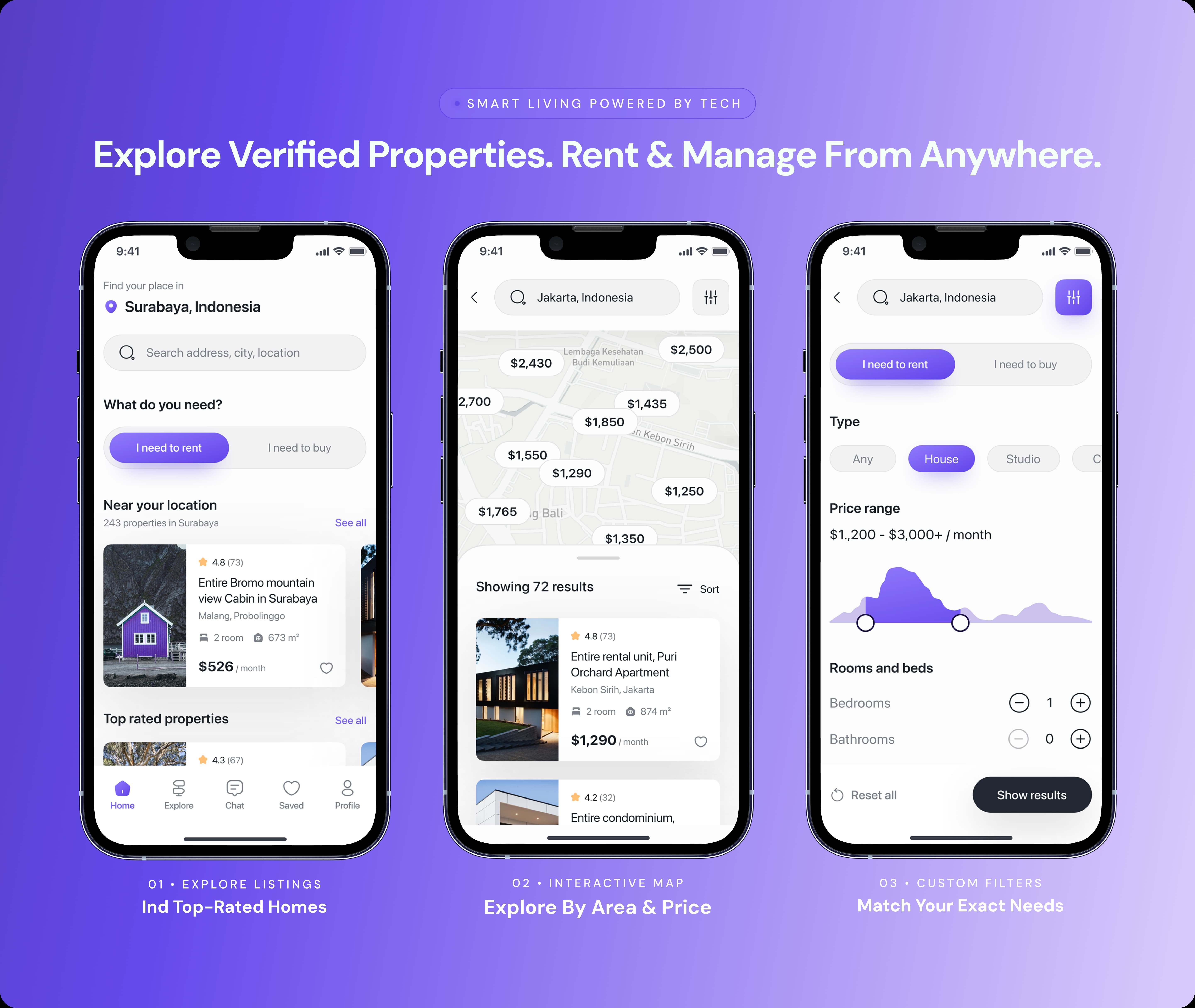 Tenant filters, map results, and nearby property screens