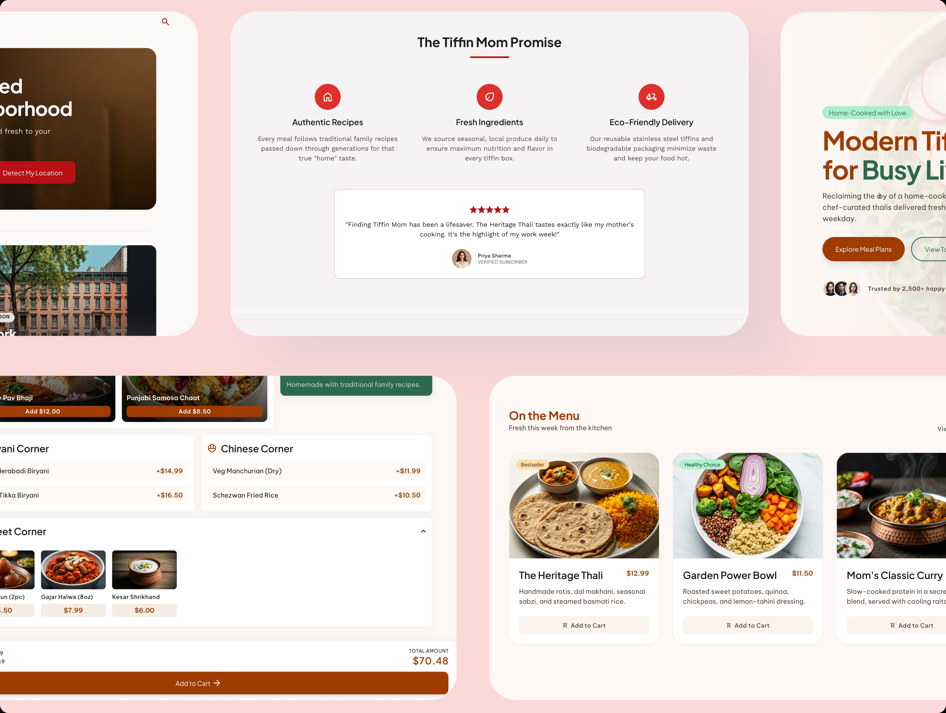 Tiffin Mom meal plans, weekly menu, delivery, and brand promise screens