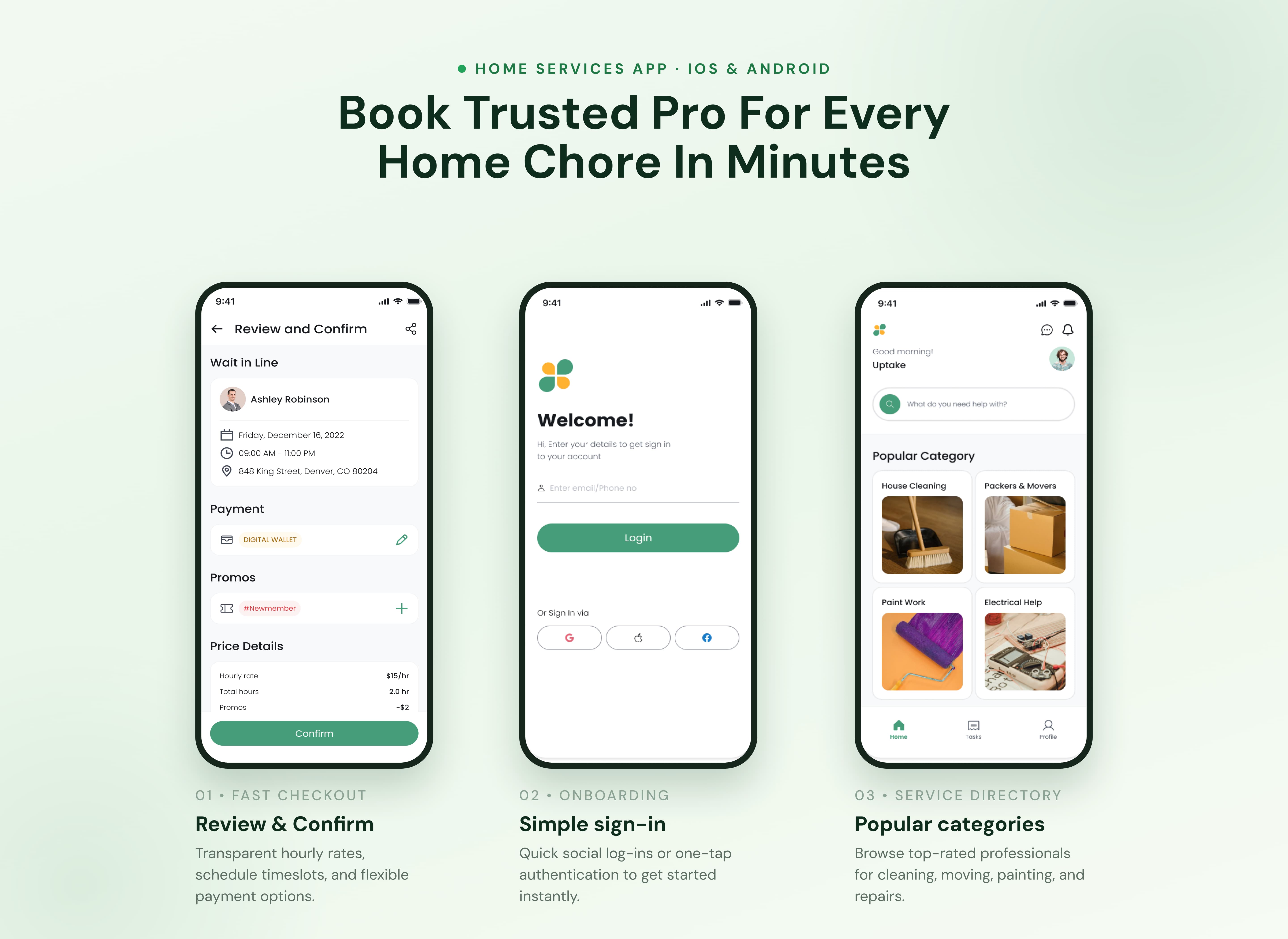 Urbanic sign-in, service discovery, and booking confirmation screens