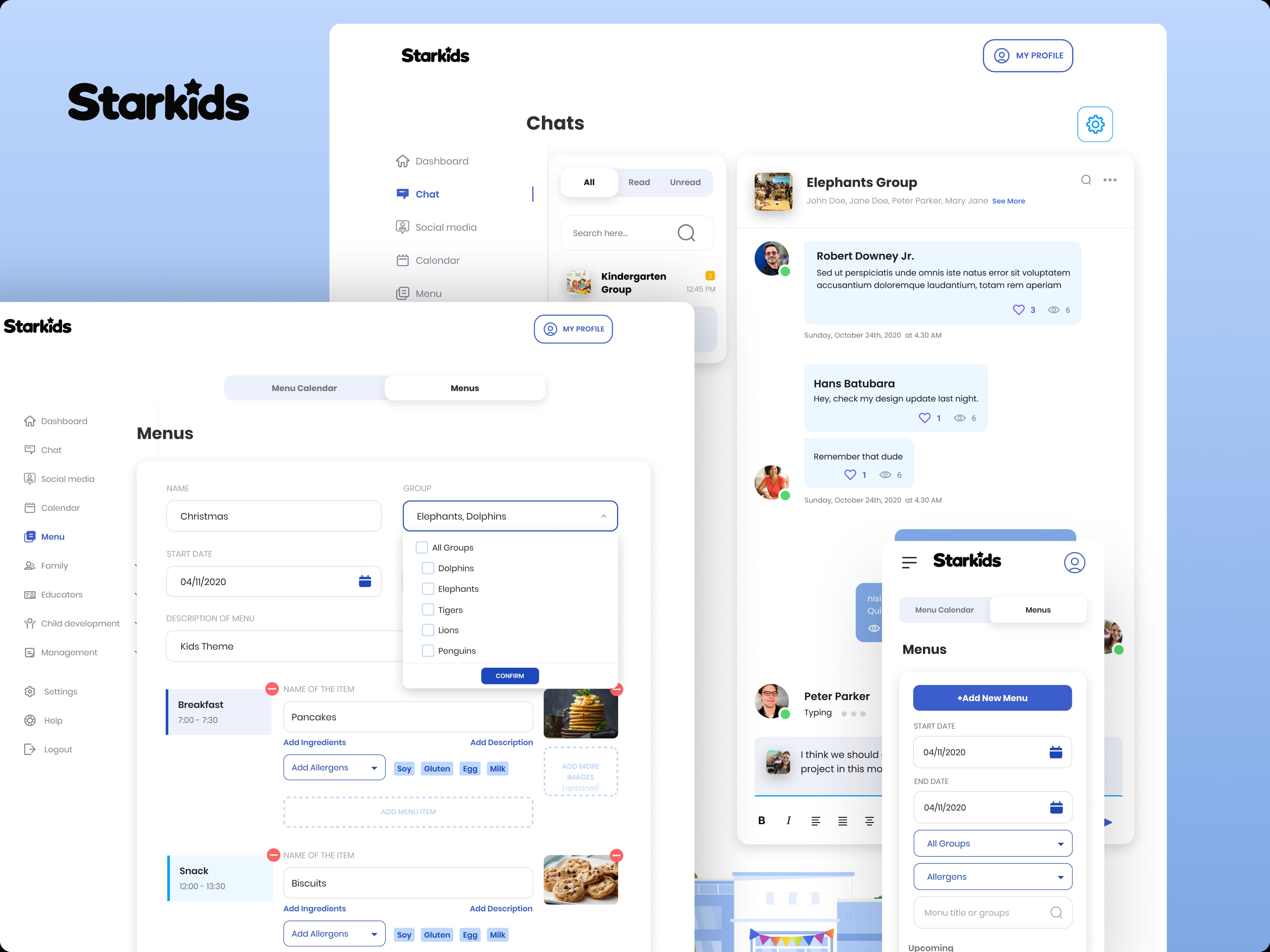 Starkids web portal screens for calendars, menus, permissions, and educator workflows