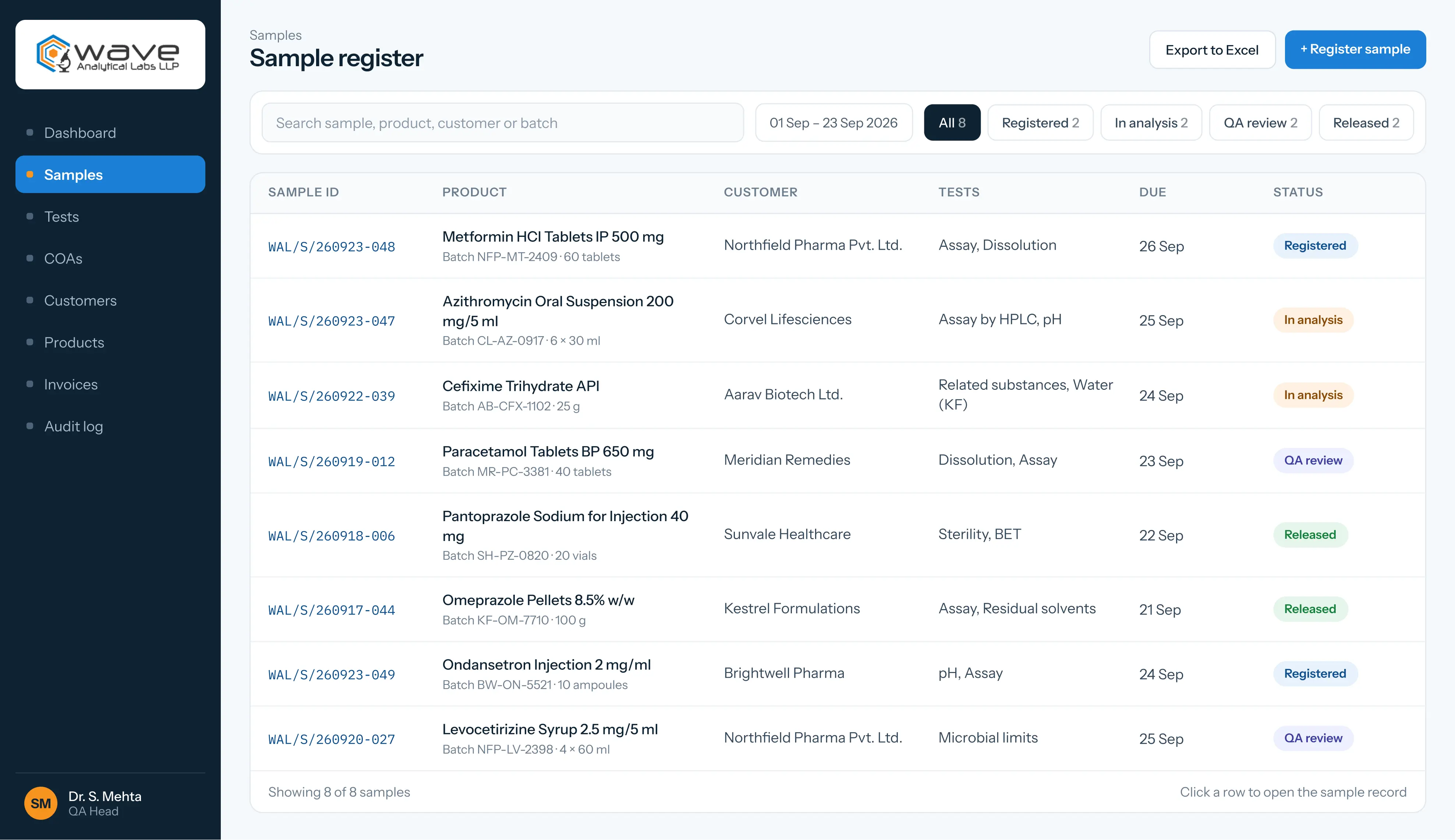 Wave LIMS — Sample register